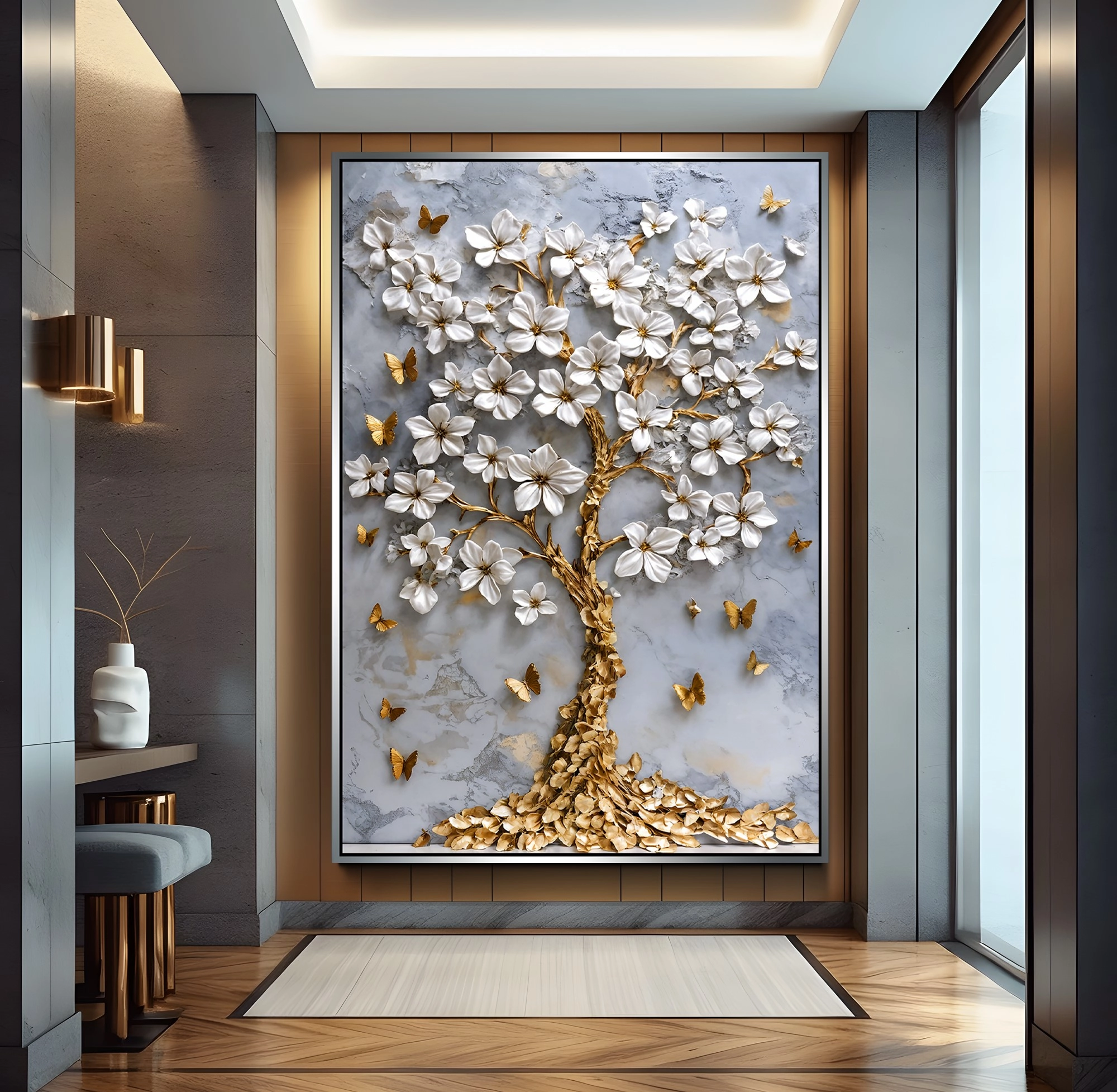 Gümüş%20Metal%20Çerçeveli%20Gold%20Ağaç%20Kanvas%20Tablo
