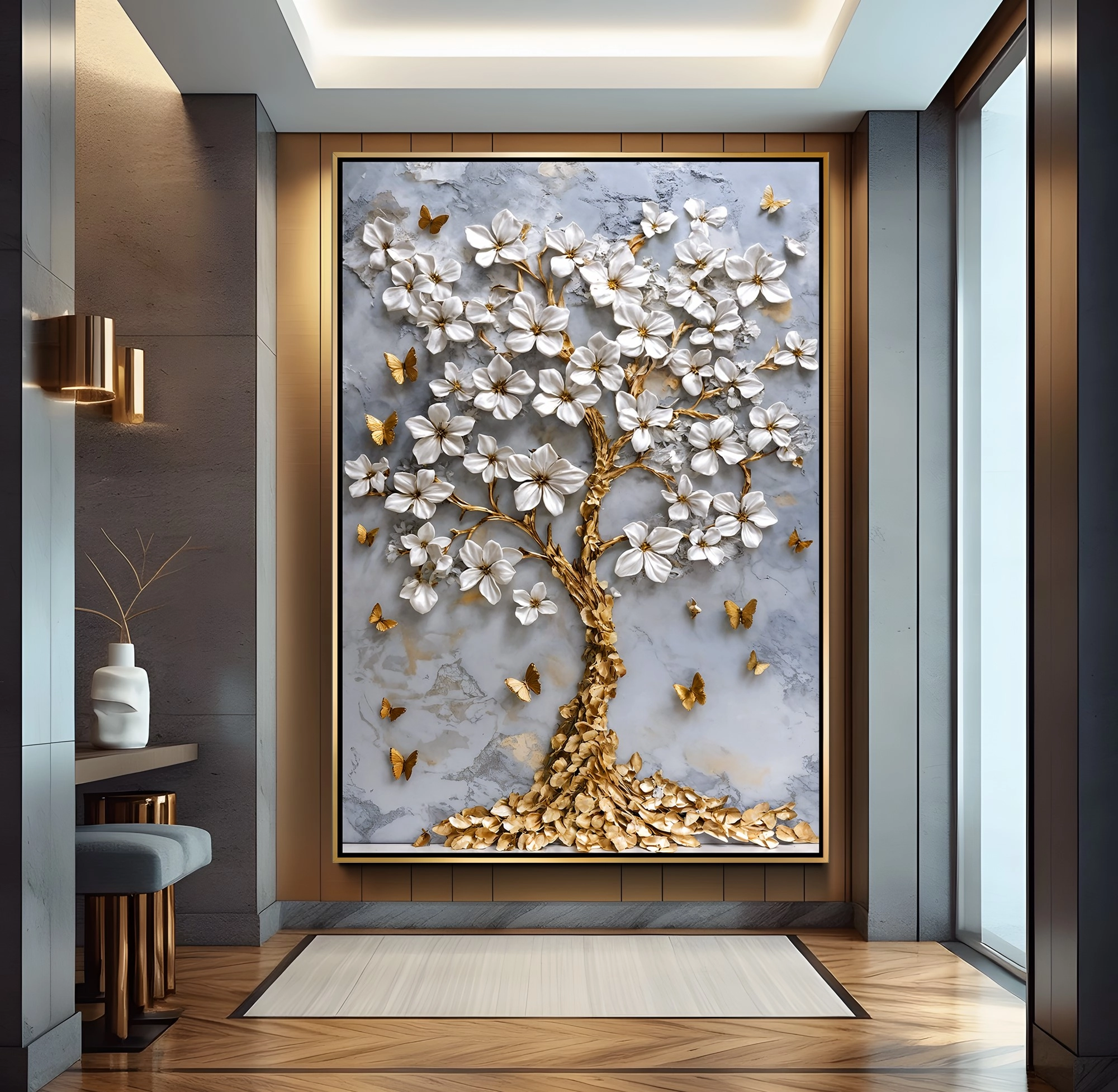 Gold%20Metal%20Çerçeveli%20Gold%20Ağaç%20Kanvas%20Tablo