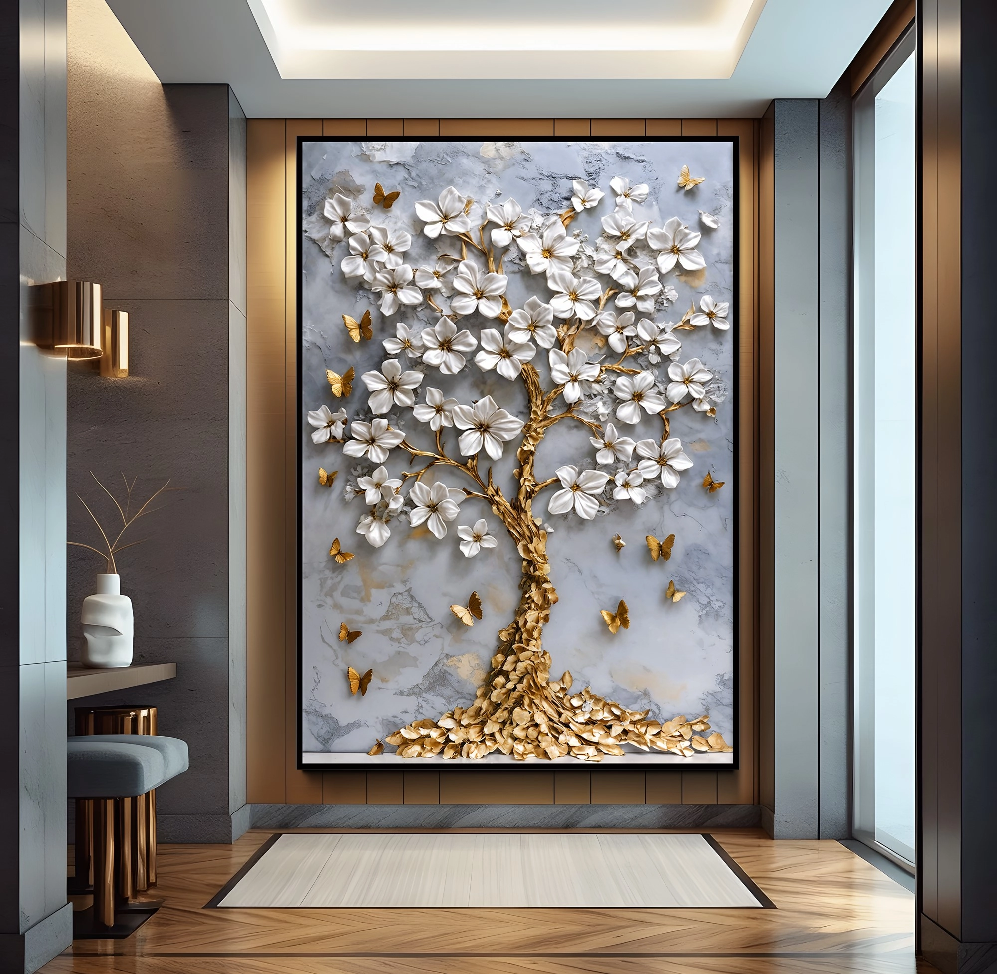 Siyah%20Metal%20Çerçeveli%20Gold%20Ağaç%20Kanvas%20Tablo