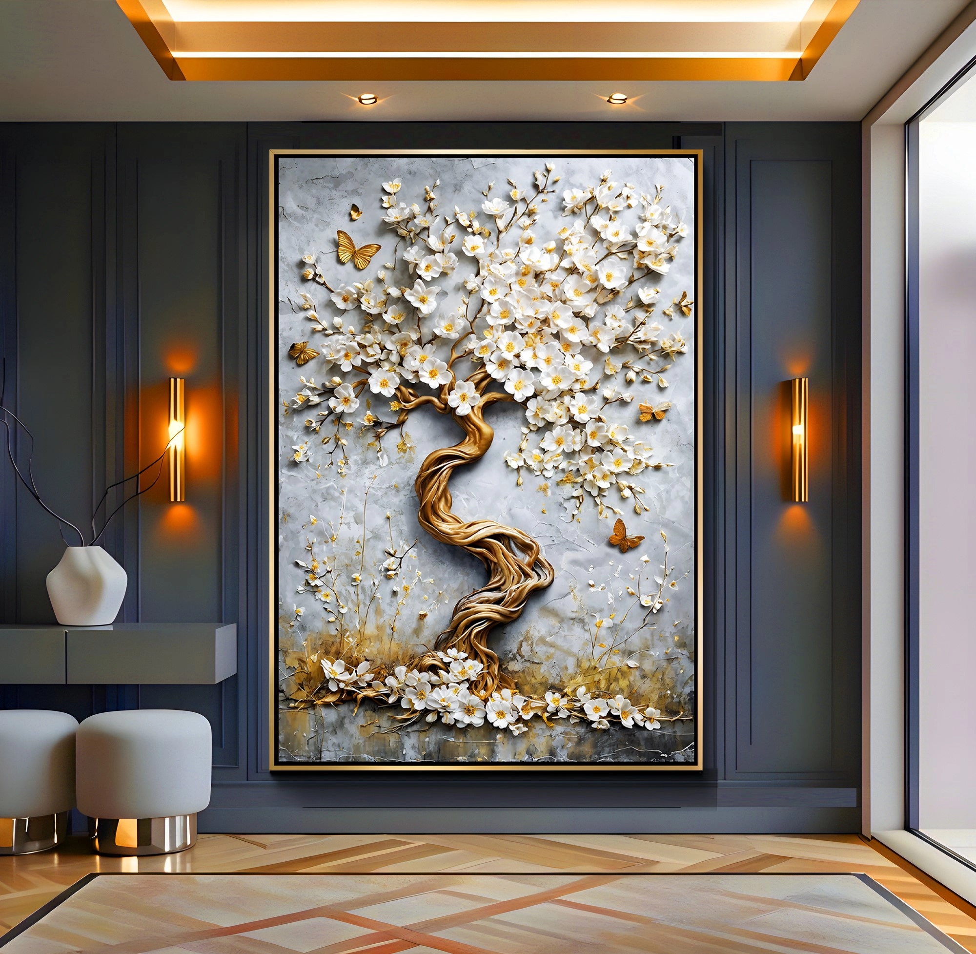 Gold%20Metal%20Çerçeveli%20Gold%20Ağaç%20Kanvas%20Tablo