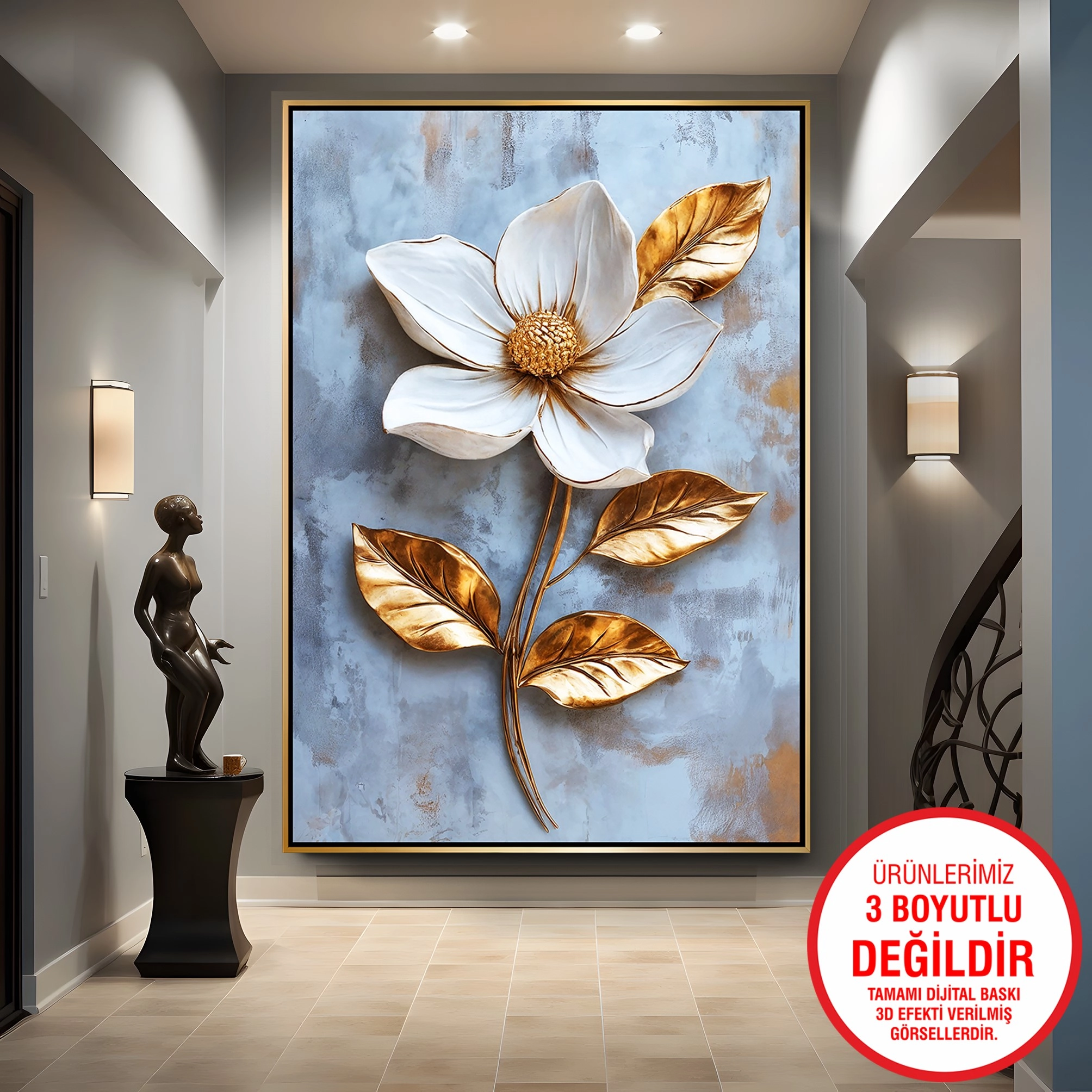 Gold%20Metal%20Çerçeveli%20Kabartma%20Görünümlü%20Çiçekler%20Kanvas%20Tablo