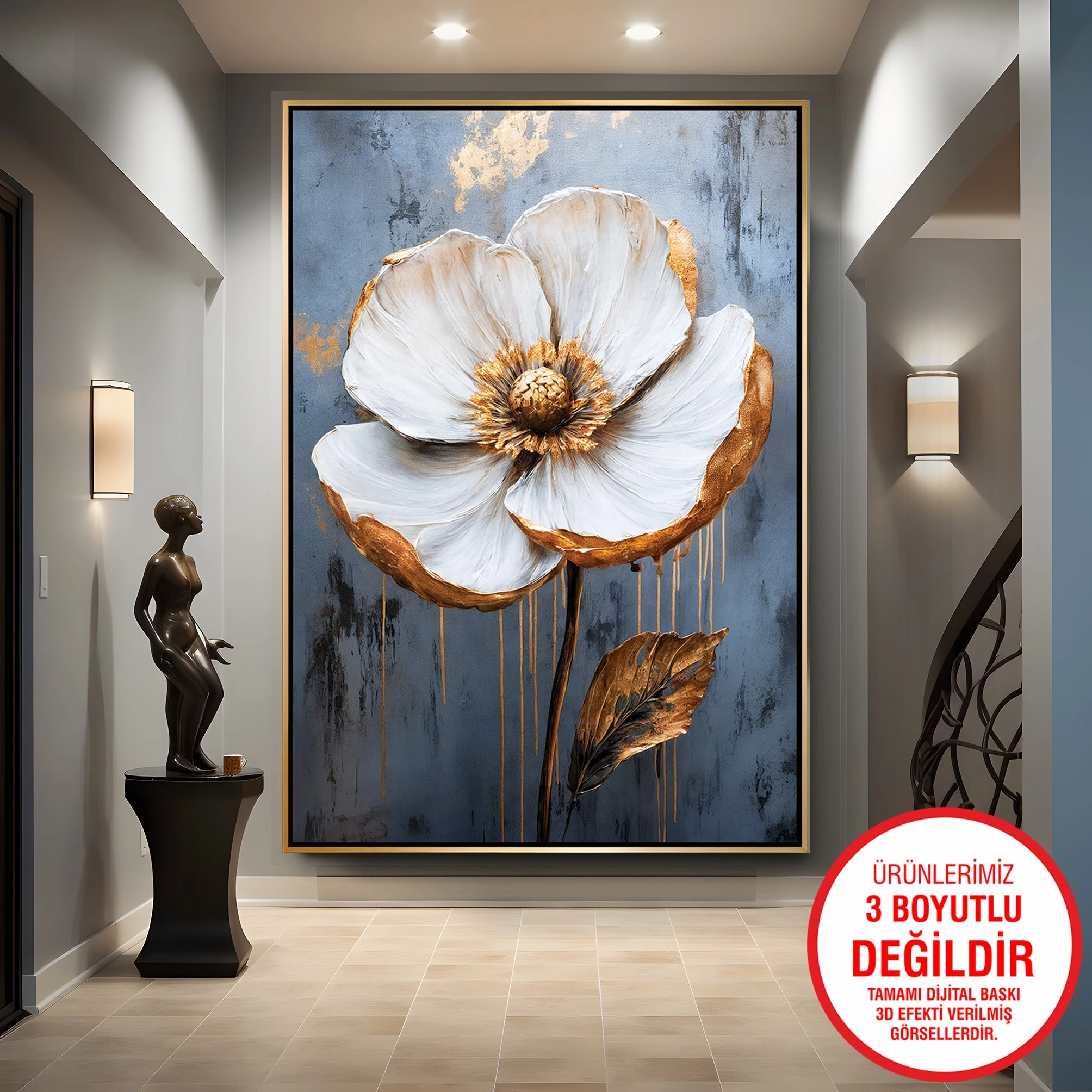 Gold%20Metal%20Çerçeveli%20Kabartma%20Görünümlü%20Çiçekler%20Kanvas%20Tablo