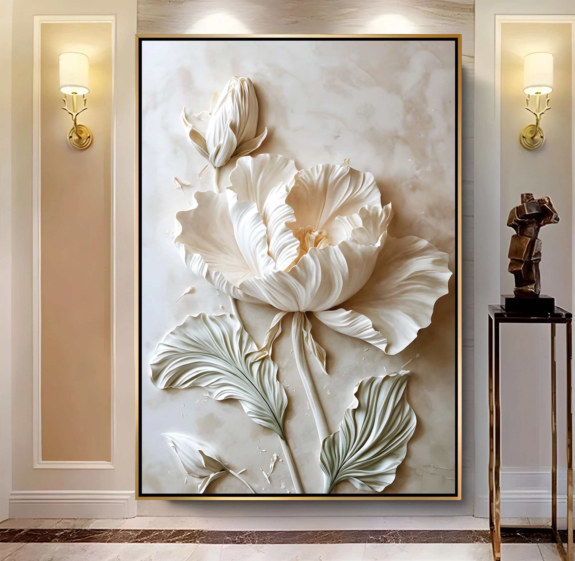 Gold%20Metal%20Çerçeveli%20Kabartma%20Görünümlü%20Beyaz%20Çiçek%20Dekoratif%20Kanvas%20Tablo