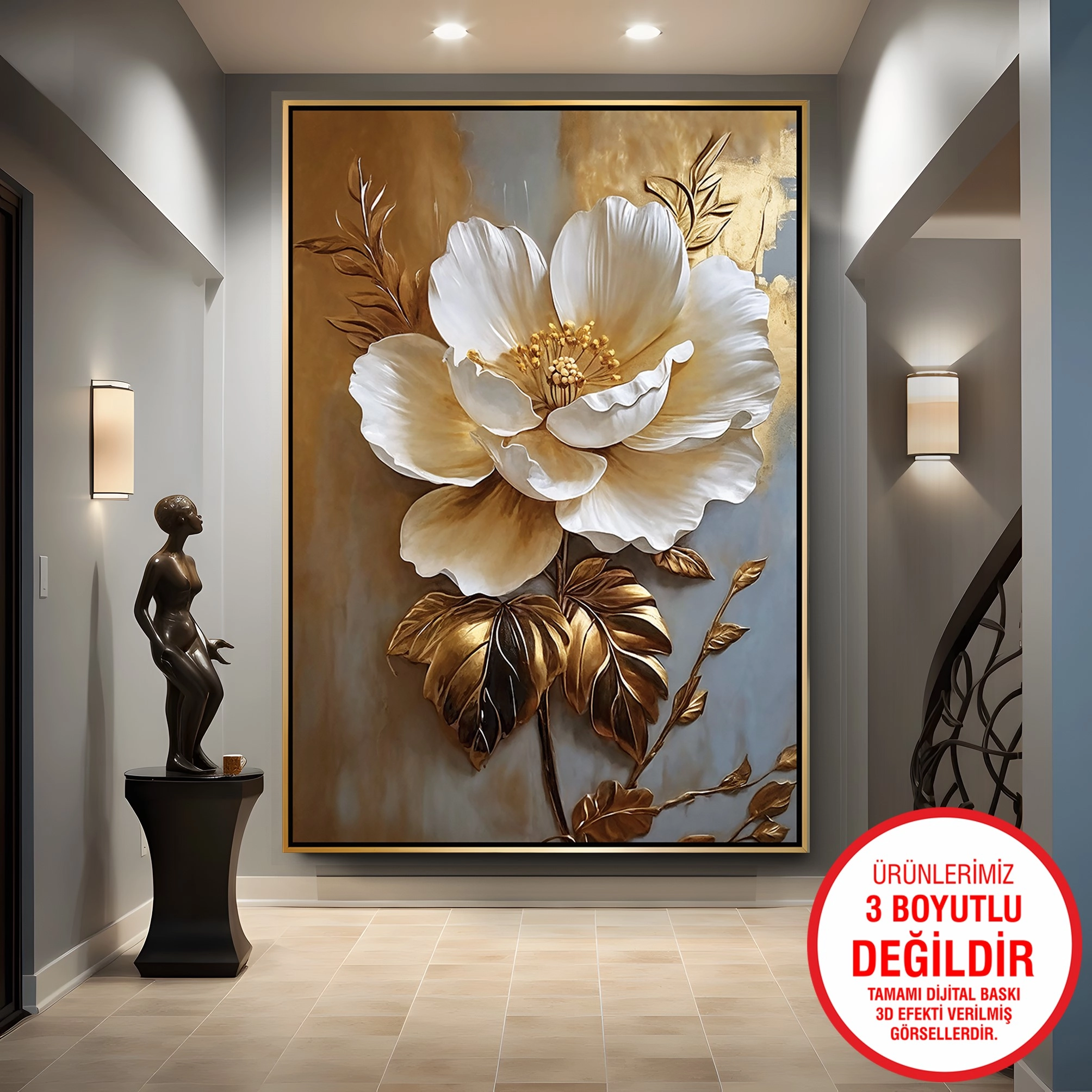 Gold%20Metal%20Çerçeveli%20Kabartma%20Görünümlü%20Çiçekler%20Kanvas%20Tablo
