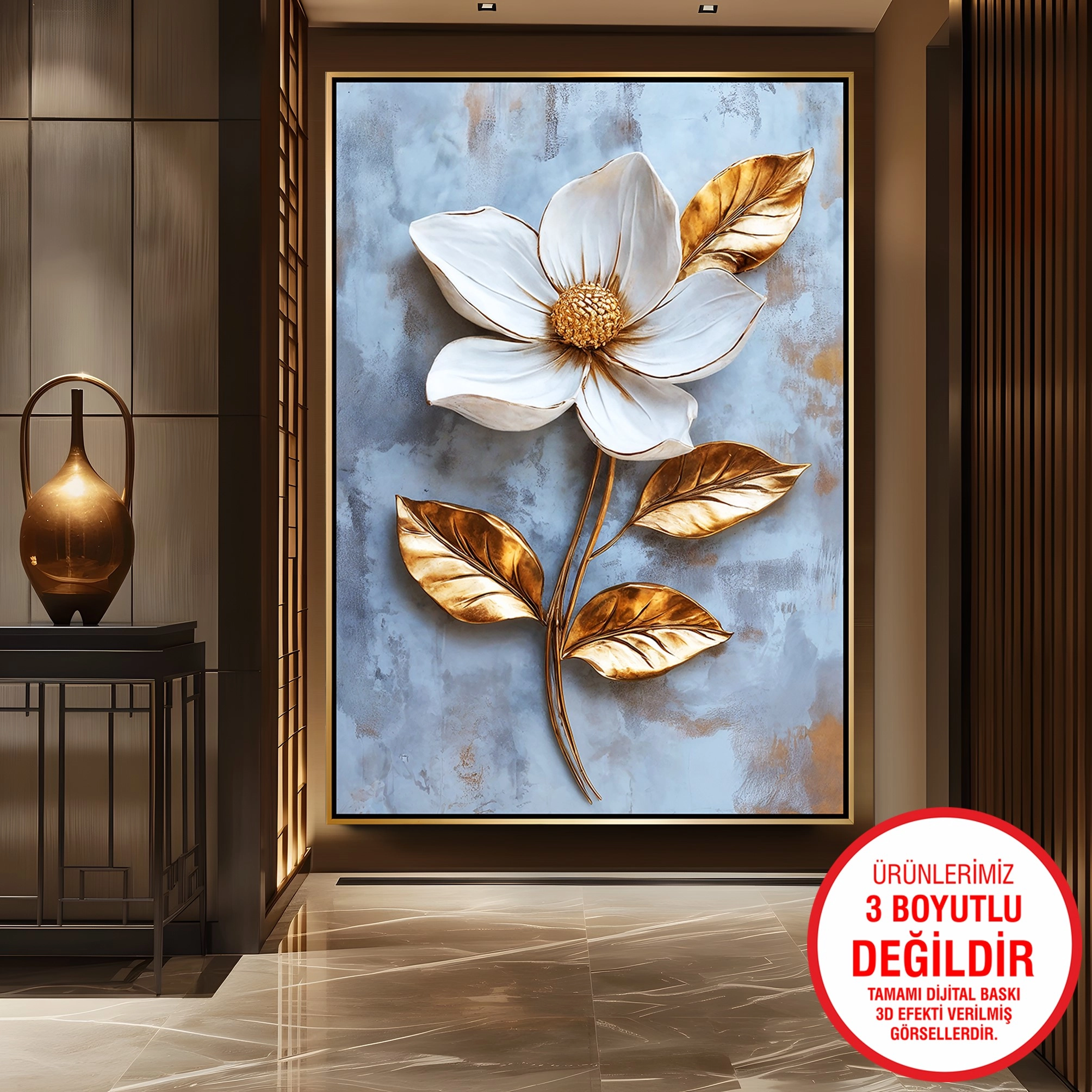 Gold%20Metal%20Çerçeveli%20Kabartma%20Görünümlü%20Çiçekler%20Kanvas%20Tablo