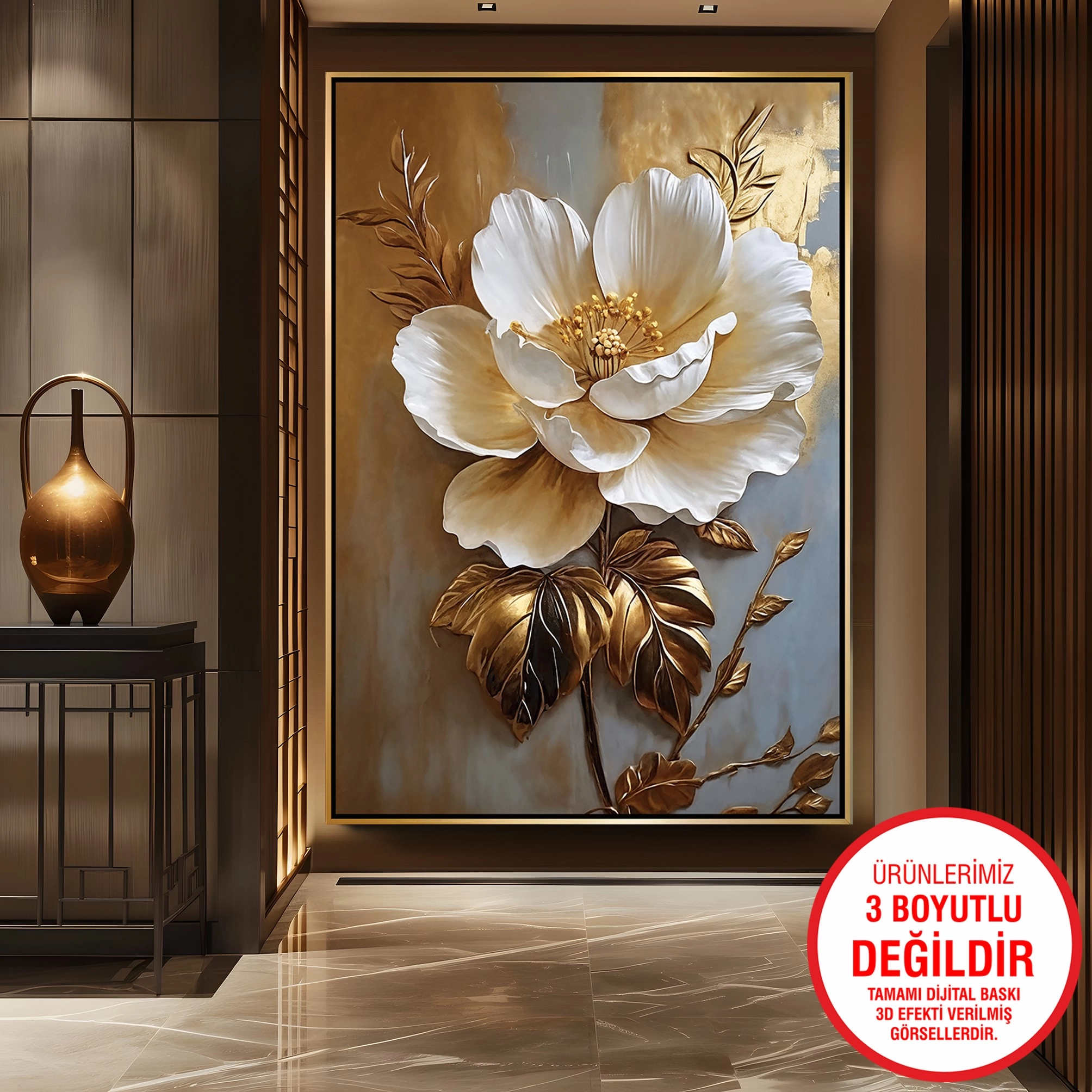 Gold%20Metal%20Çerçeveli%20Kabartma%20Görünümlü%20Çiçekler%20Kanvas%20Tablo