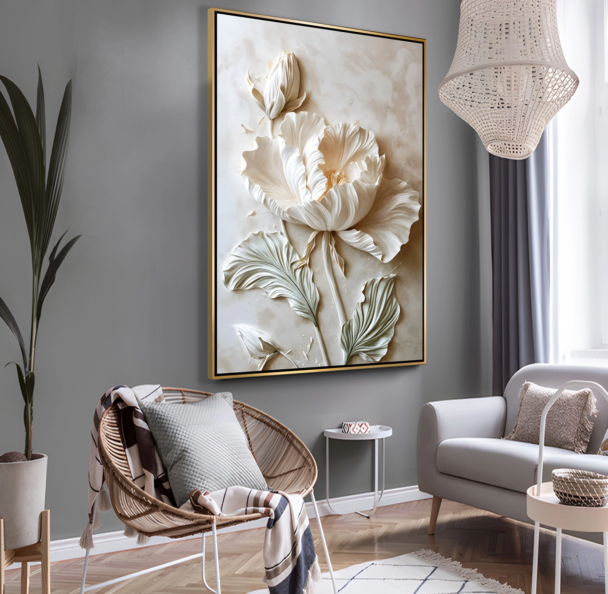 Gold%20Metal%20Çerçeveli%20Kabartma%20Görünümlü%20Beyaz%20Çiçek%20Dekoratif%20Kanvas%20Tablo