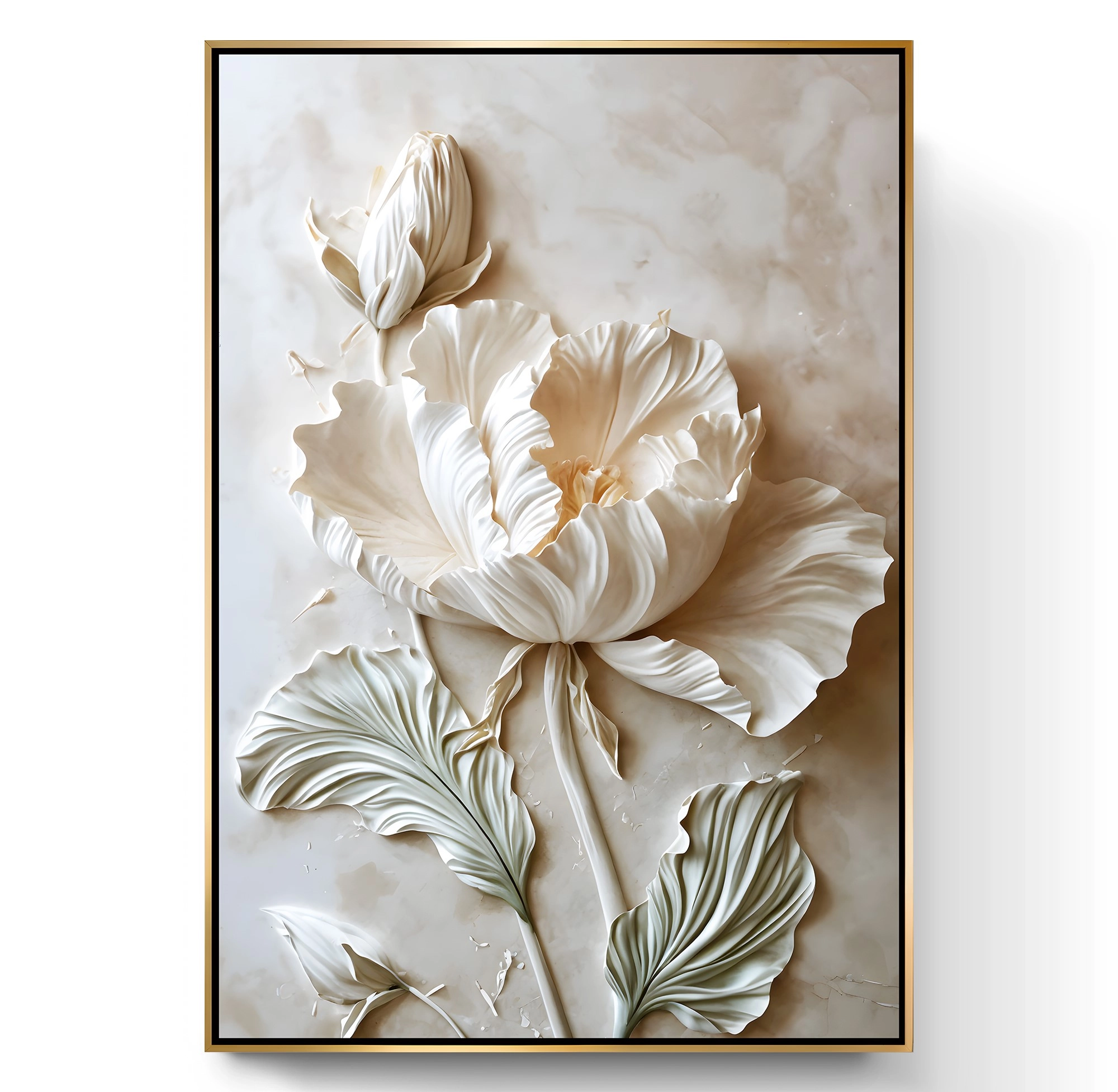 Gold%20Metal%20Çerçeveli%20Kabartma%20Görünümlü%20Beyaz%20Çiçek%20Dekoratif%20Kanvas%20Tablo