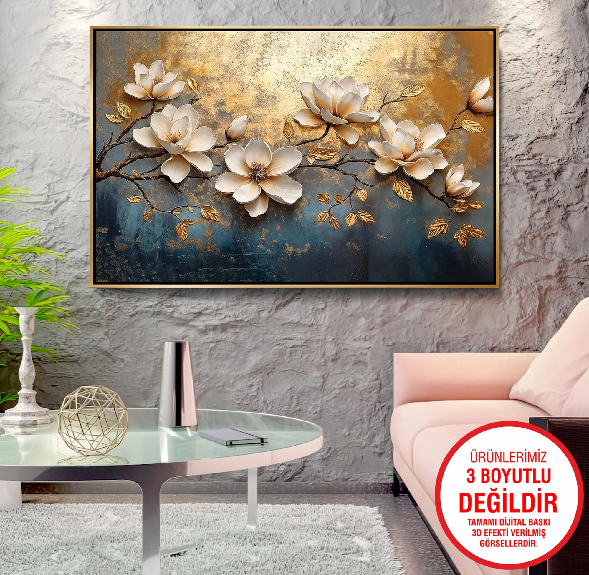 Gold%20Metal%20Çerçeveli%20Kabartma%20Görünümlü%20Çiçekler%20Kanvas%20Tablo