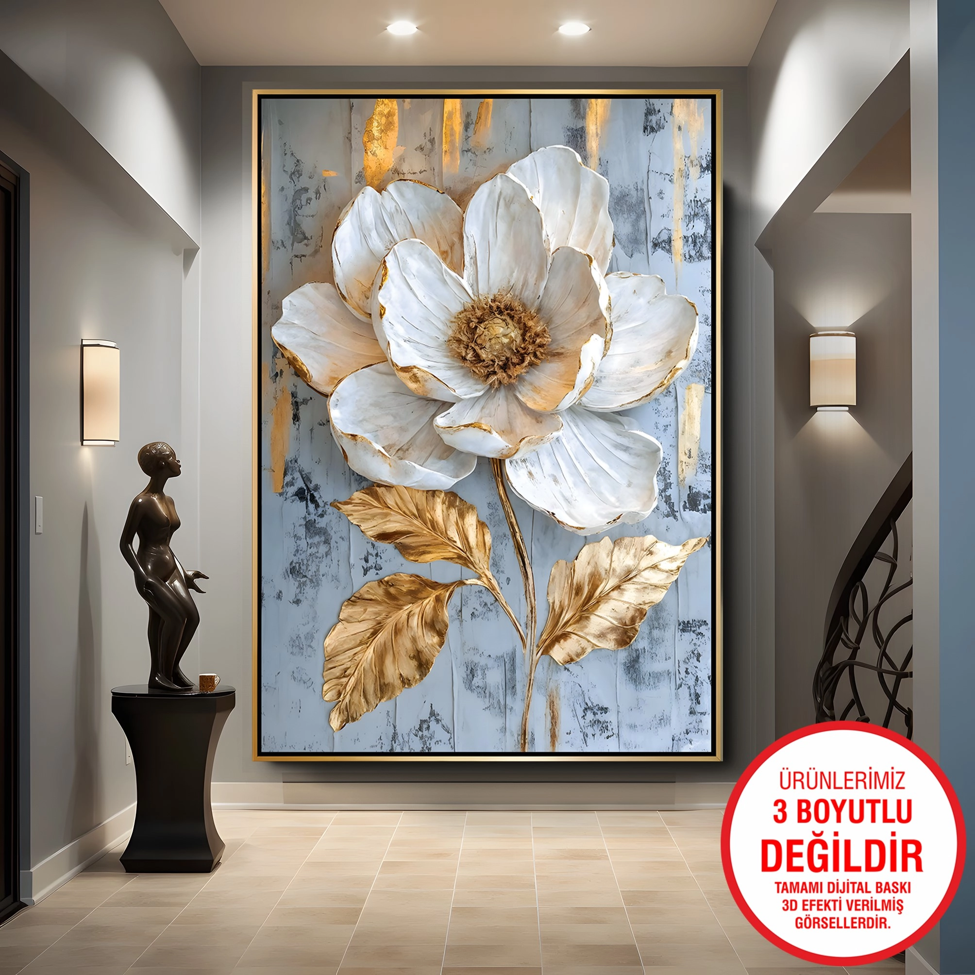 Gold%20Metal%20Çerçeveli%20Kabartma%20Görünümlü%20Çiçekler%20Kanvas%20Tablo