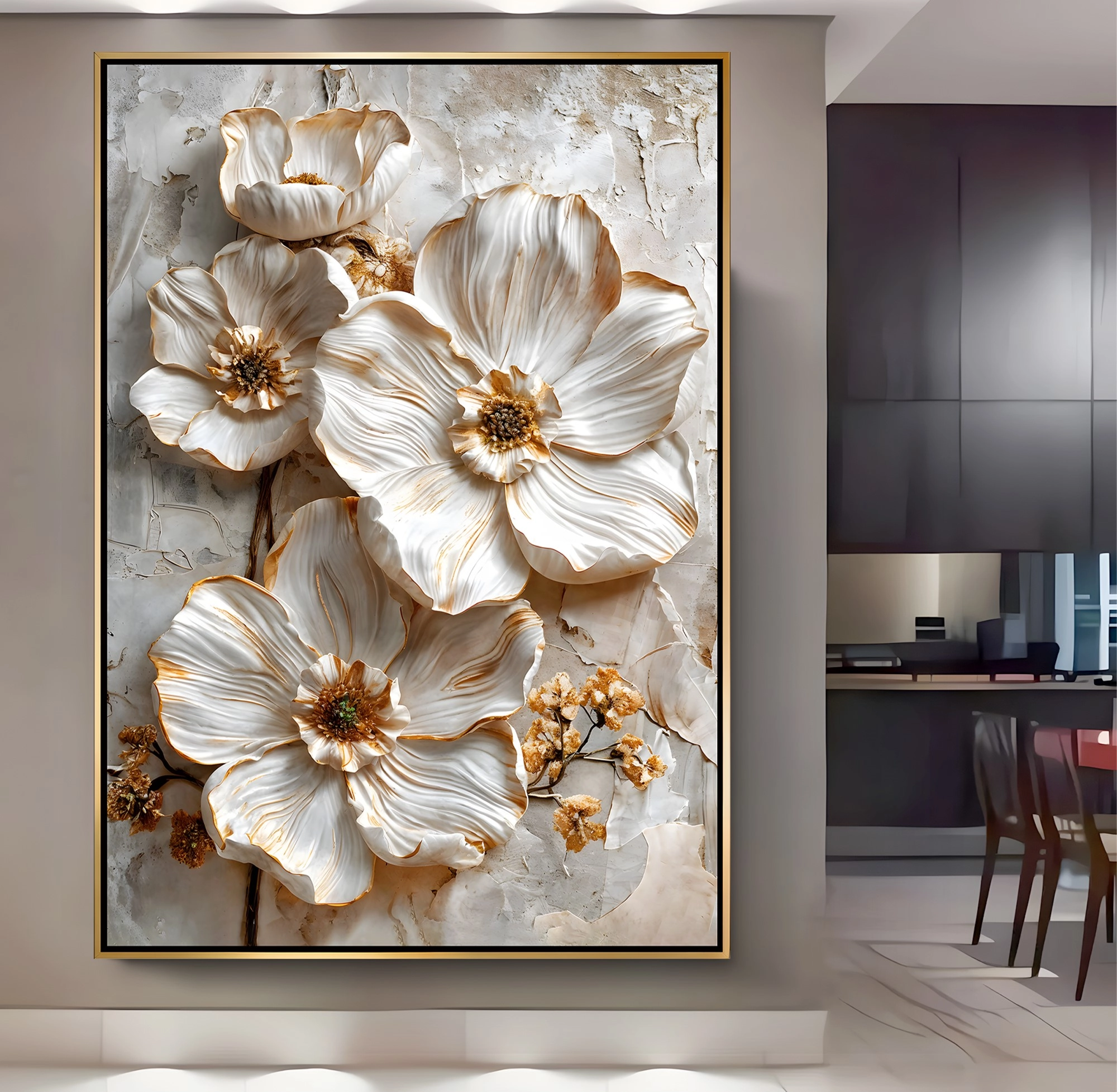 Gold%20Metal%20Çerçeveli%20Kabartma%20Görünümlü%20Dekoratif%20Çiçek%20Kanvas%20Tablo