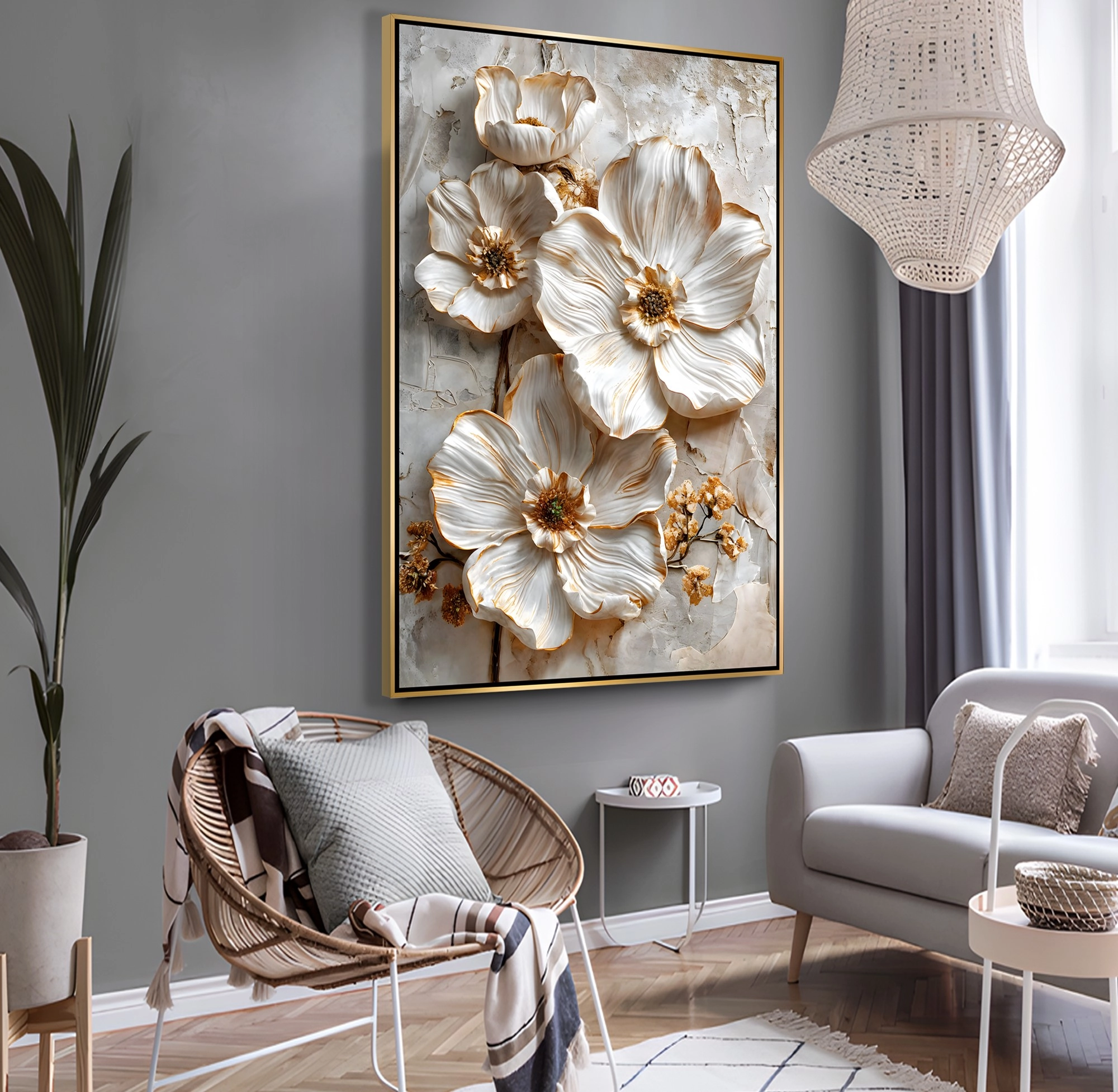 Gold%20Metal%20Çerçeveli%20Kabartma%20Görünümlü%20Dekoratif%20Çiçek%20Kanvas%20Tablo