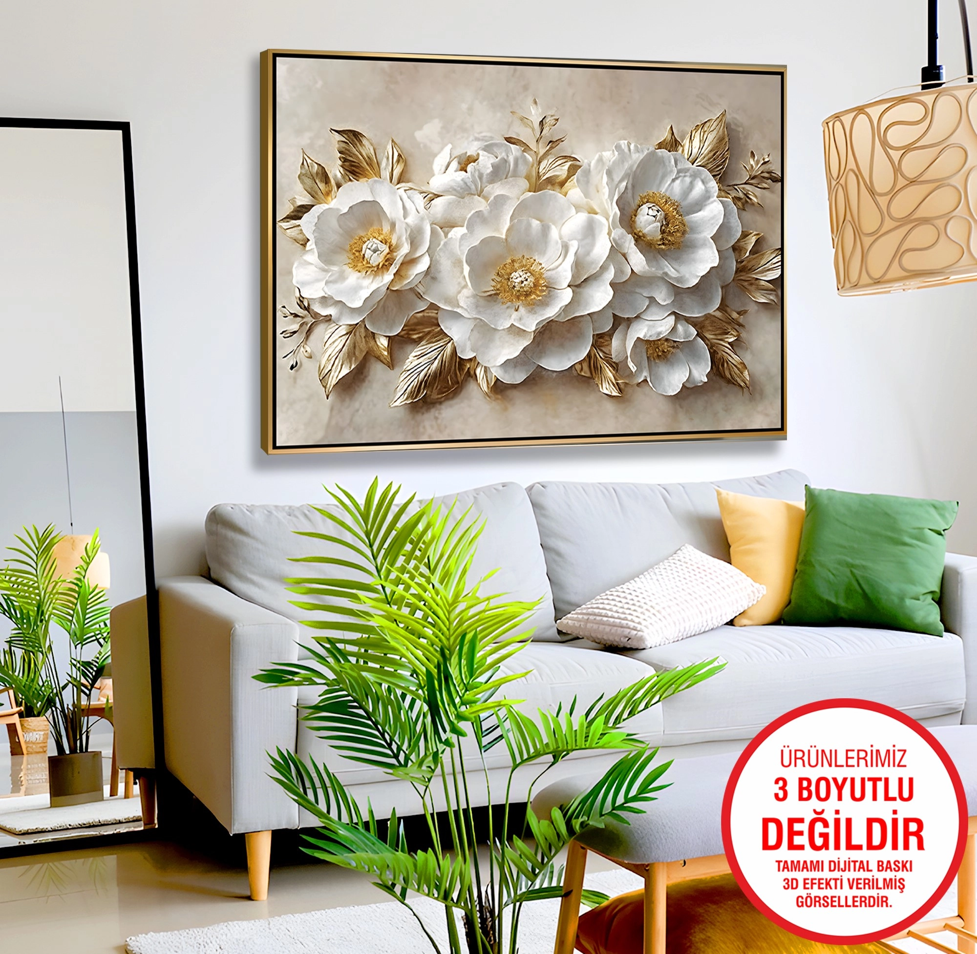 Gold%20Metal%20Çerçeveli%20Kabartma%20Görünümlü%20Çiçekler%20Kanvas%20Tablo