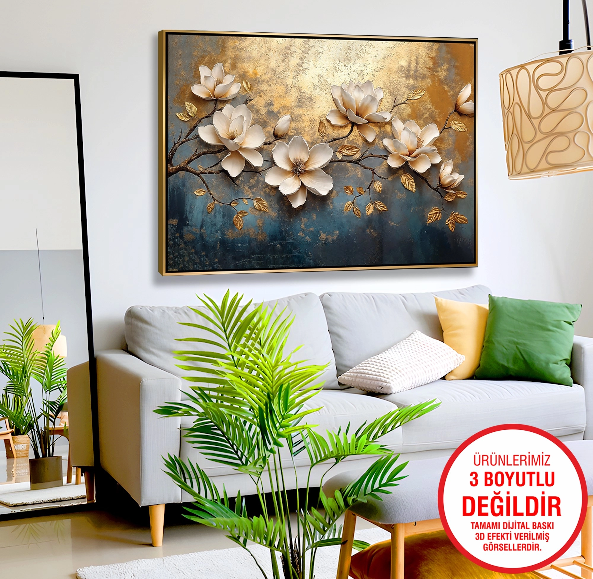 Gold%20Metal%20Çerçeveli%20Kabartma%20Görünümlü%20Çiçekler%20Kanvas%20Tablo