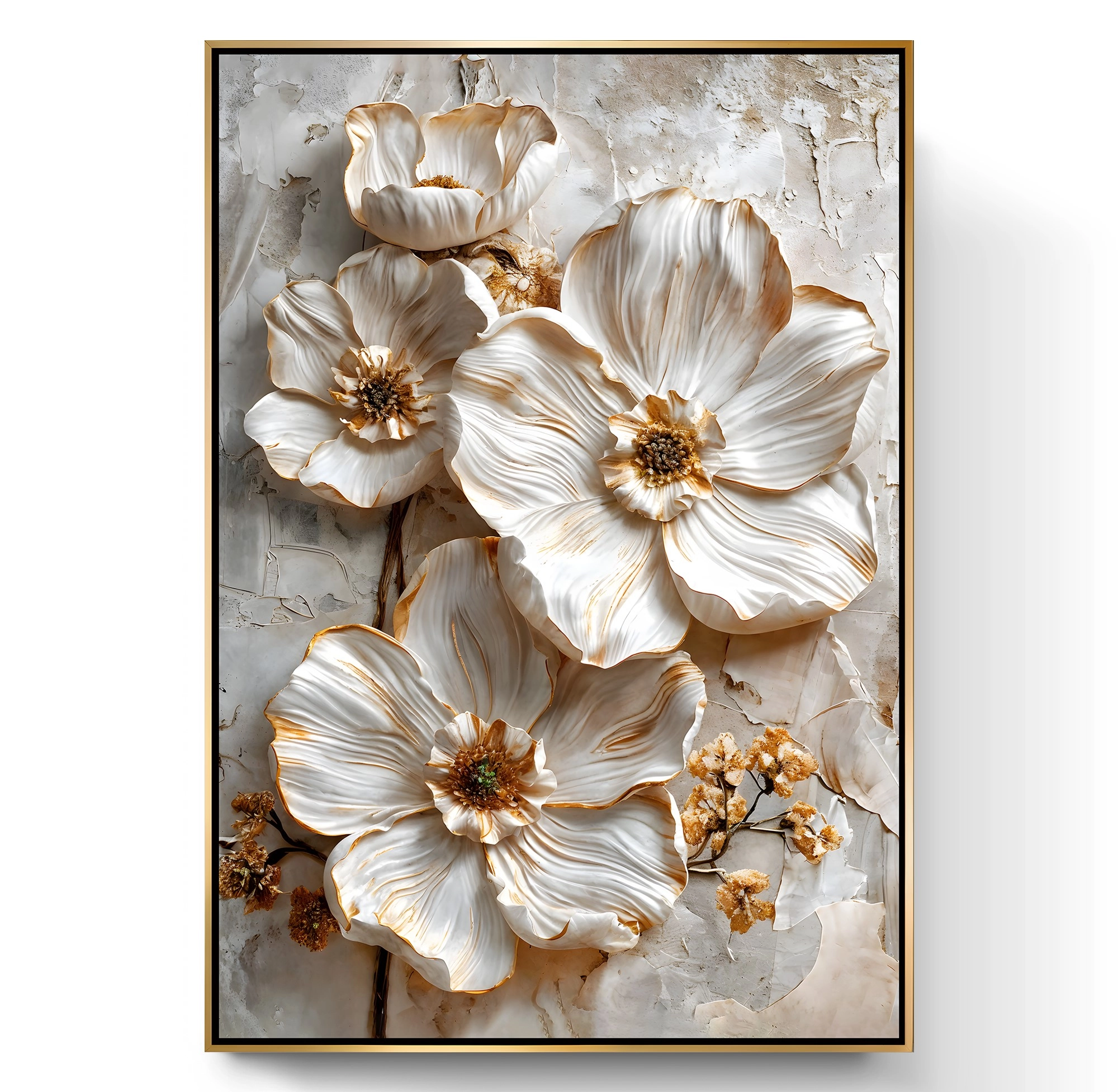 Gold%20Metal%20Çerçeveli%20Kabartma%20Görünümlü%20Dekoratif%20Çiçek%20Kanvas%20Tablo