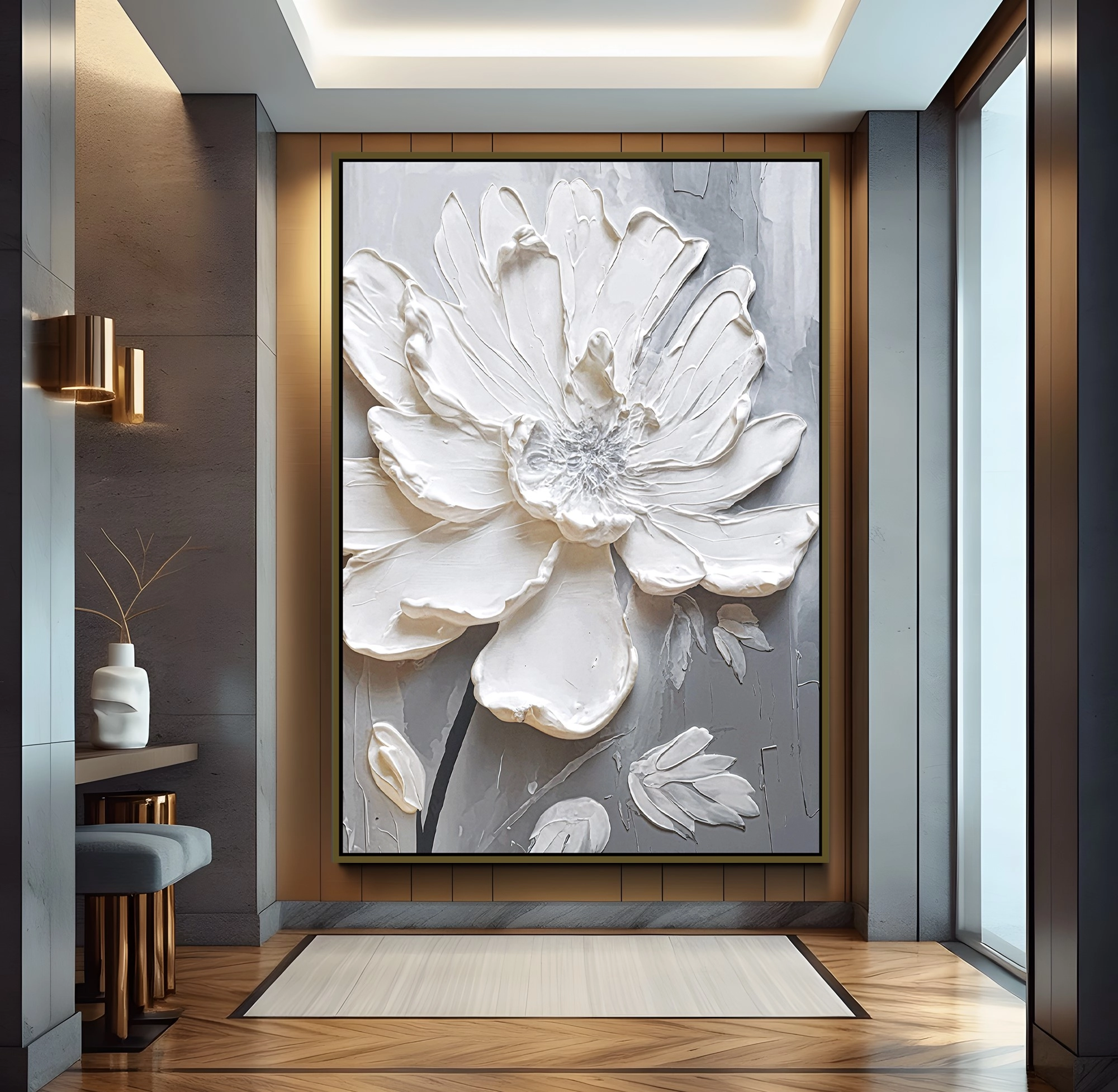 Bronz%20Metal%20Çerçeveli%20Beyaz%20Çiçek%20Kanvas%20Tablo