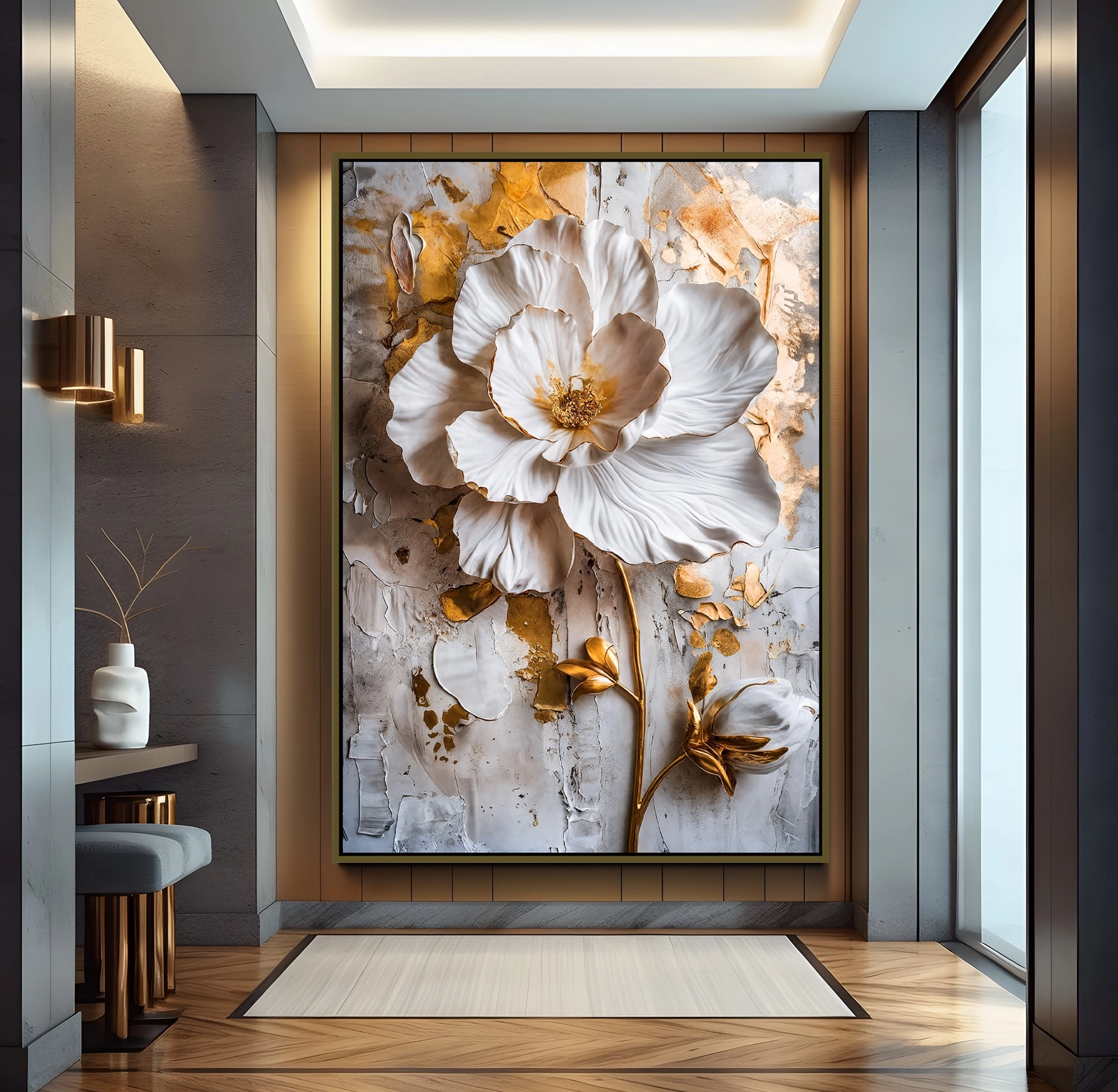Bronz%20Metal%20Çerçeveli%20Altın%20Çiçekler%20Kanvas%20Tablo
