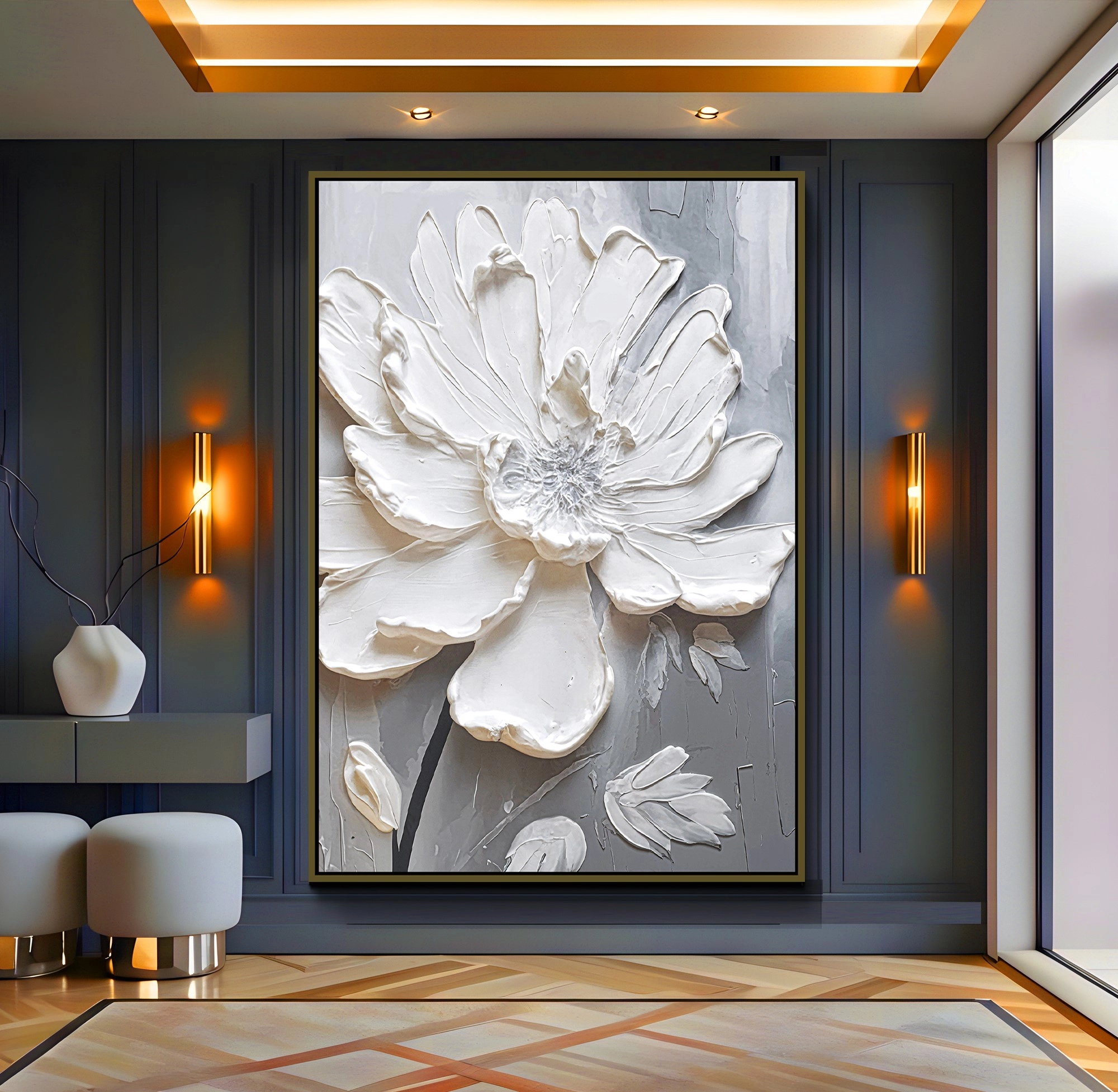 Bronz%20Metal%20Çerçeveli%20Beyaz%20Çiçek%20Kanvas%20Tablo