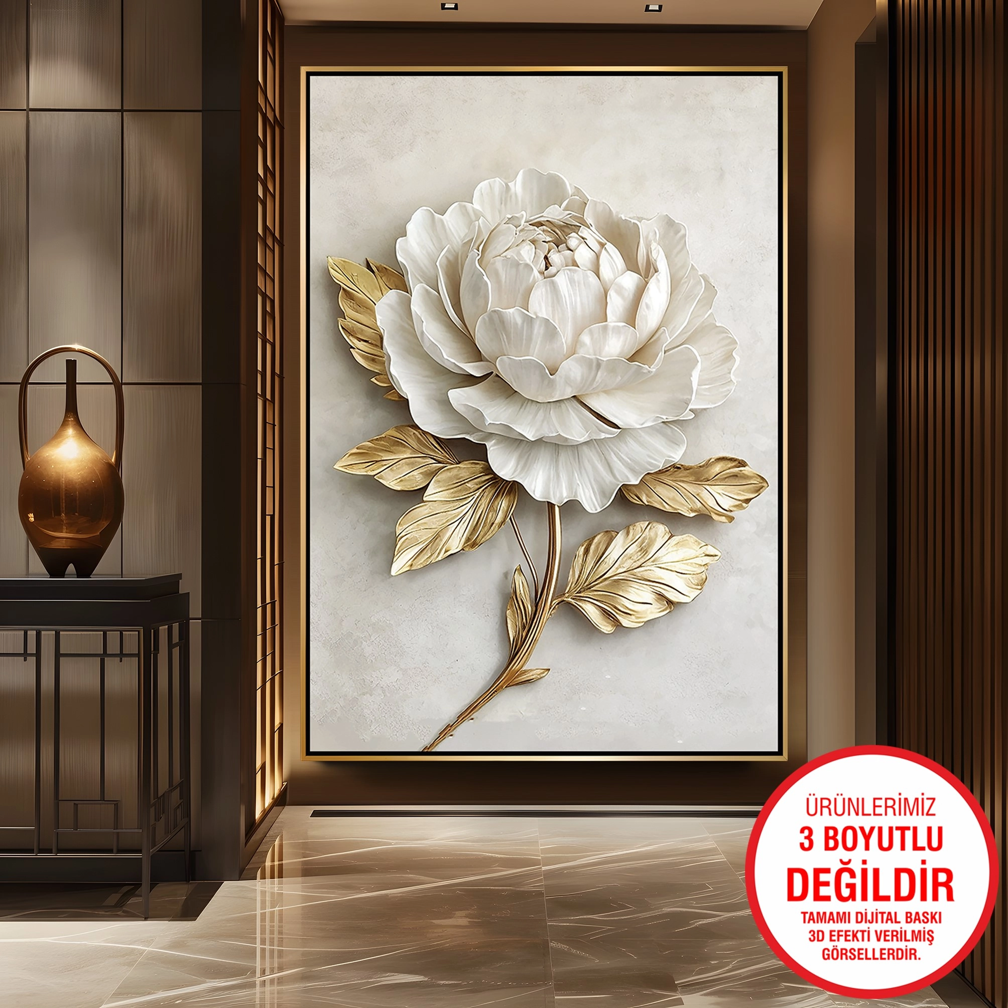 Gold%20Metal%20Çerçeveli%20Kabartma%20Görünümlü%20Çiçekler%20Kanvas%20Tablo