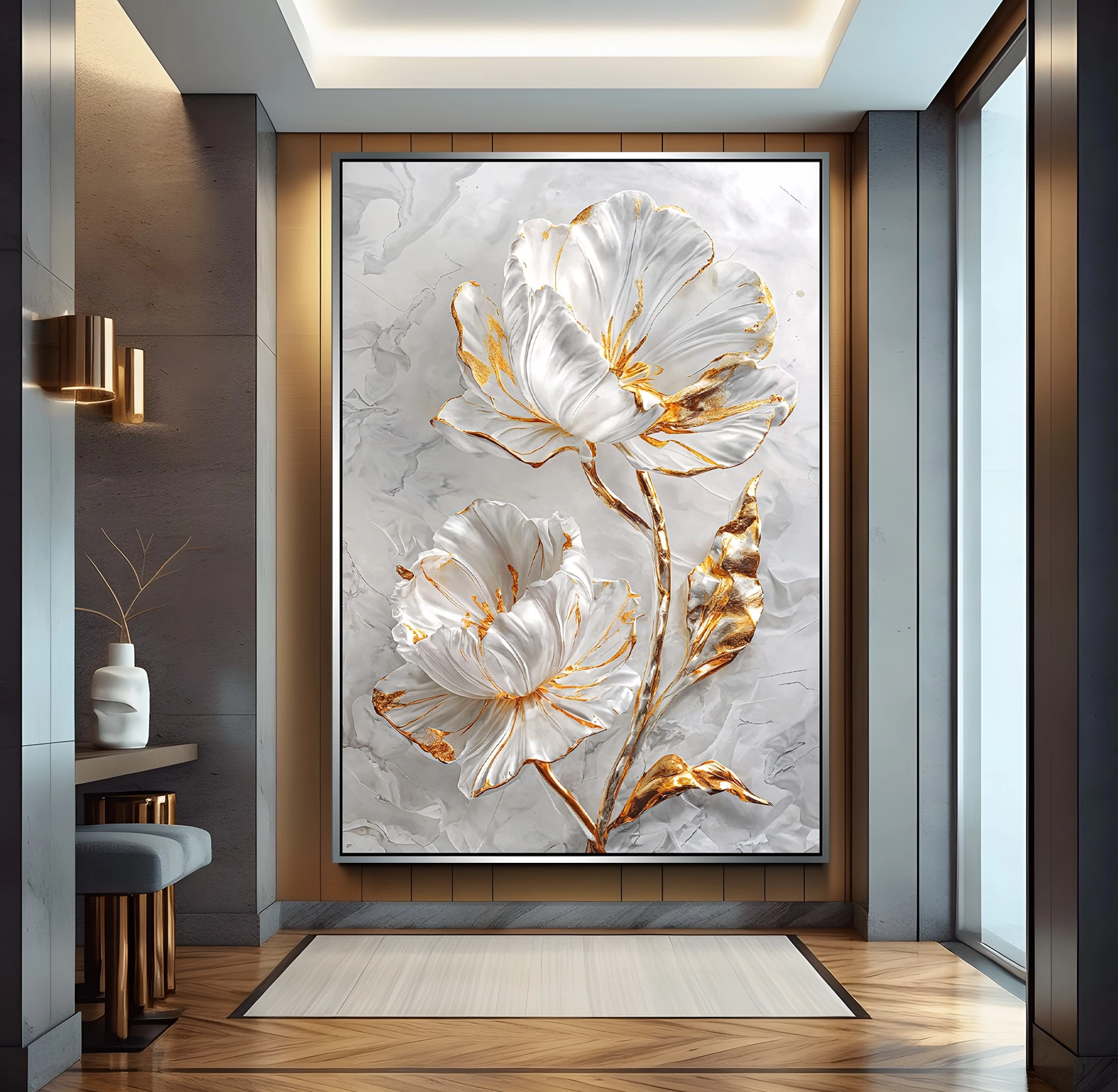 Gümüş%20Metal%20Çerçeveli%20Altın%20Çiçek%20Kanvas%20Tablo