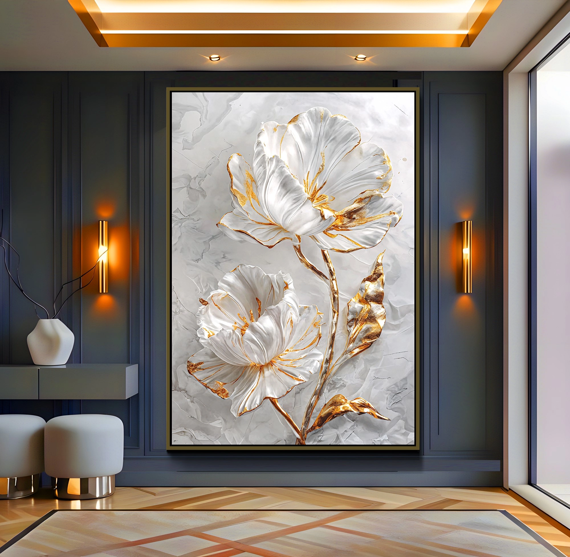 Bronz%20Metal%20Çerçeveli%20Altın%20Çiçek%20Kanvas%20Tablo