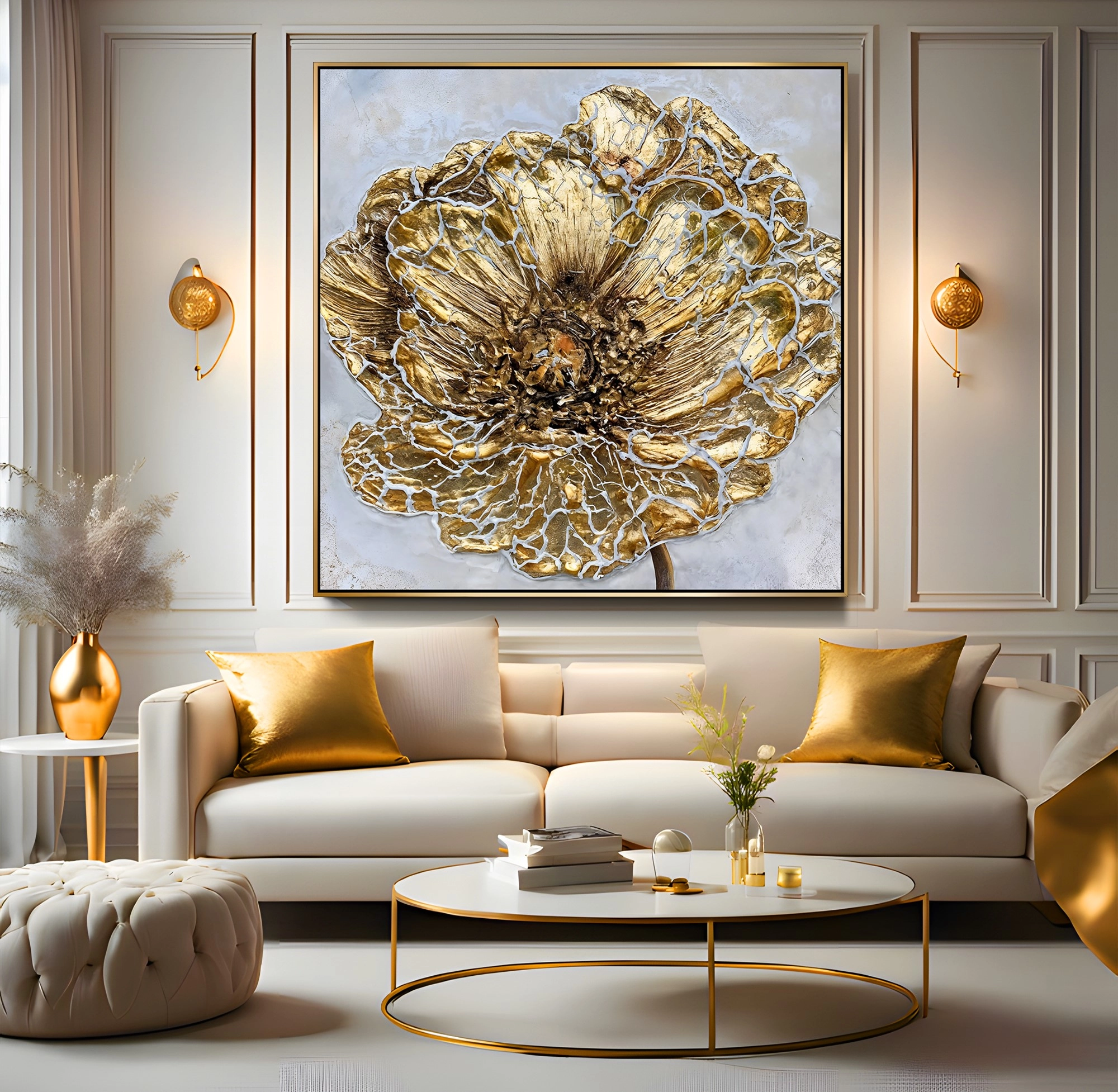 Gold%20Metal%20Çerçeveli%20Kabartma%20Görünümlü%20Çiçek%20Kanvas%20Tablo
