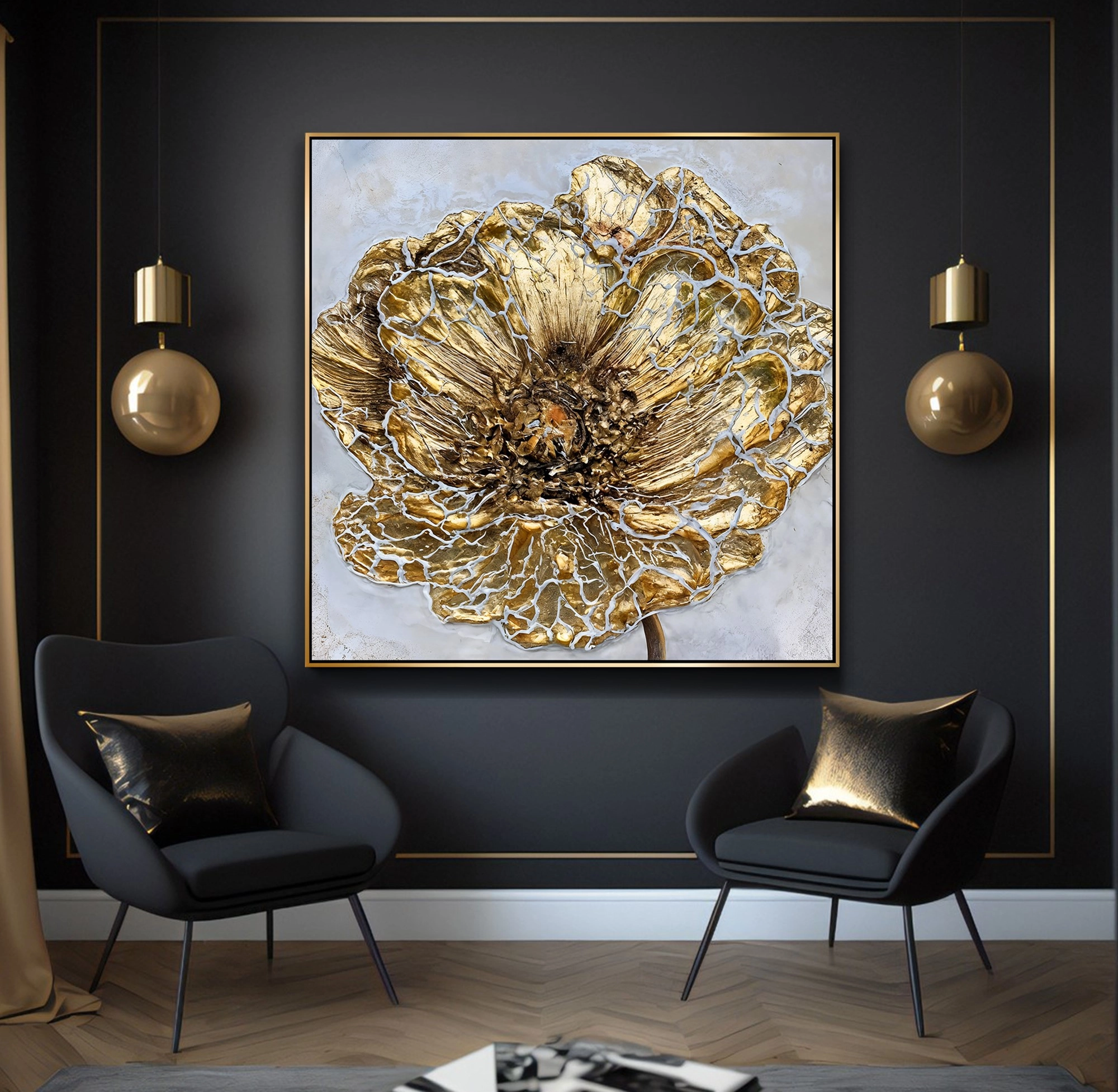 Gold%20Metal%20Çerçeveli%20Kabartma%20Görünümlü%20Çiçek%20Kanvas%20Tablo
