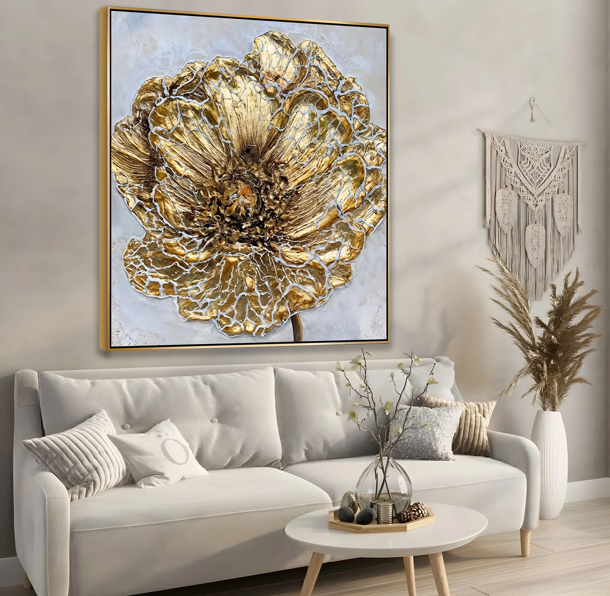 Gold%20Metal%20Çerçeveli%20Kabartma%20Görünümlü%20Çiçek%20Kanvas%20Tablo
