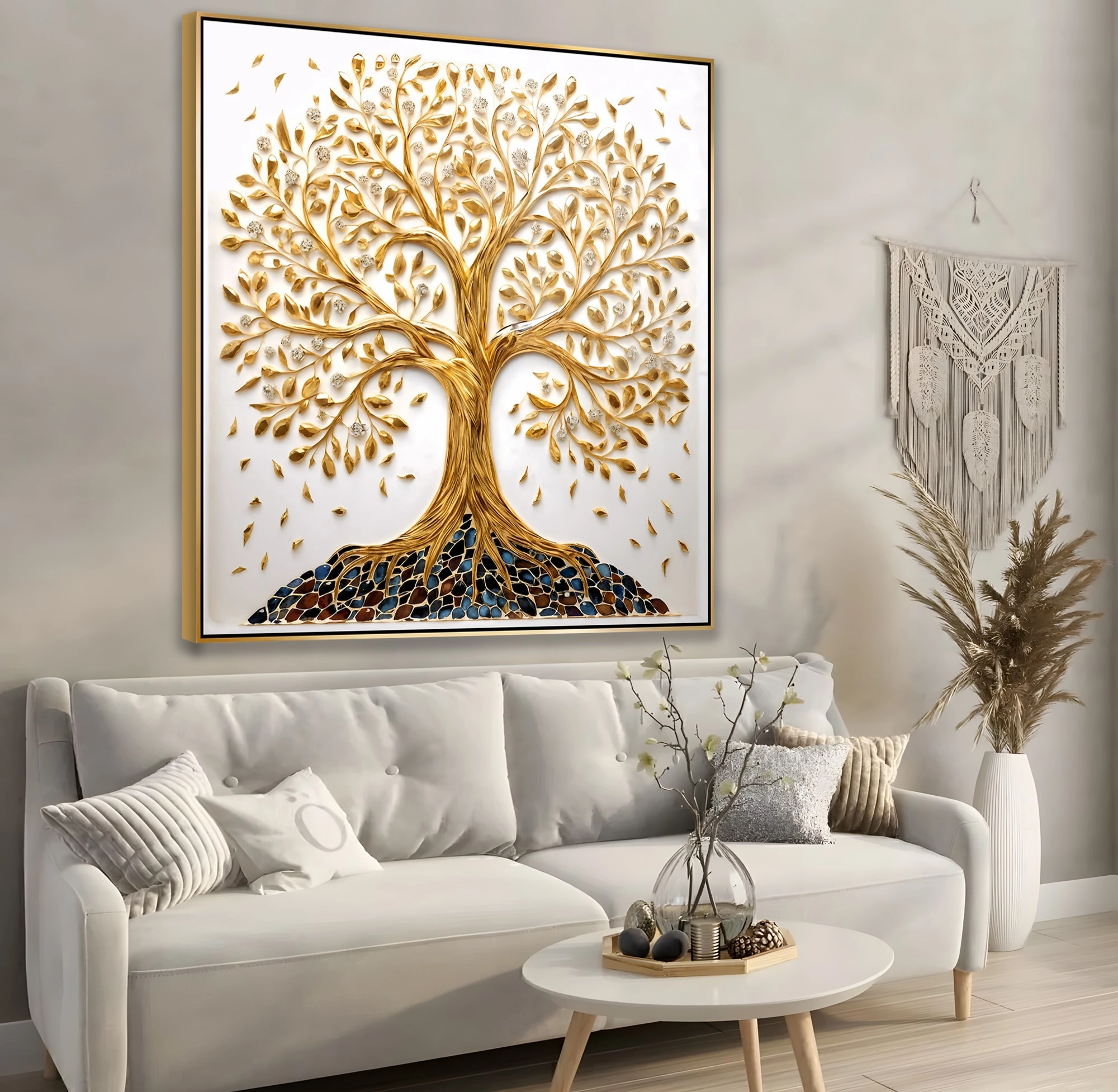 Gold%20Metal%20Çerçeveli%20Kabartma%20Görünümlü%20Ağaç%20Kanvas%20Tablo