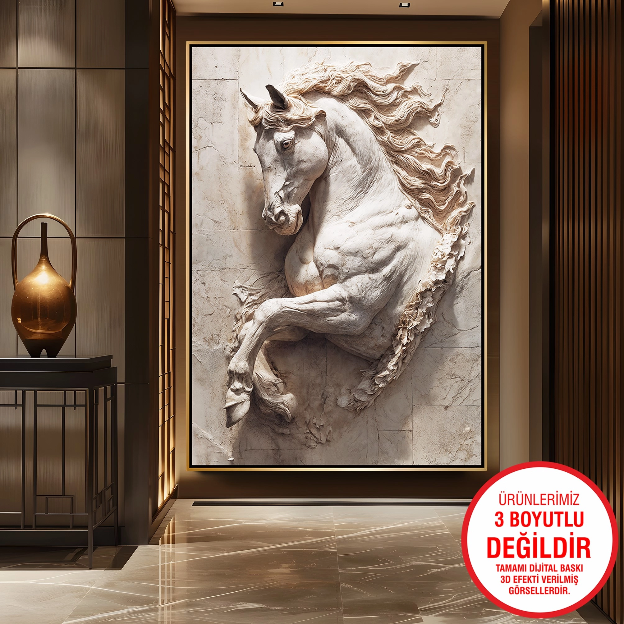Gold%20Metal%20Çerçeveli%20Kabartma%20Görünümlü%20At%20Kanvas%20Tablo