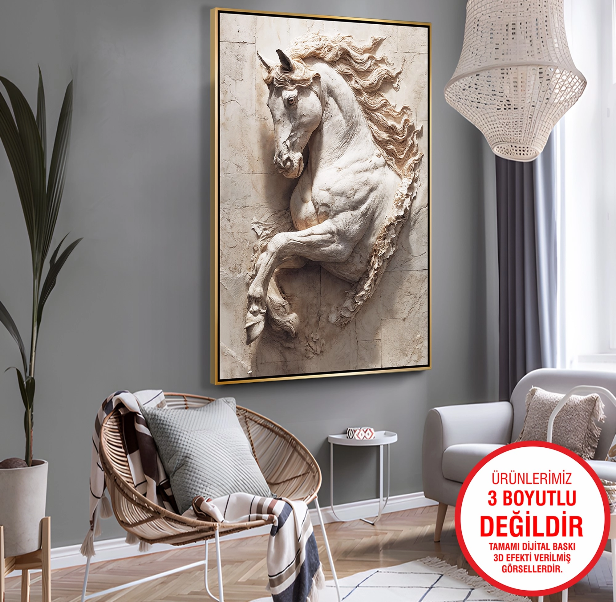 Gold%20Metal%20Çerçeveli%20Kabartma%20Görünümlü%20At%20Kanvas%20Tablo