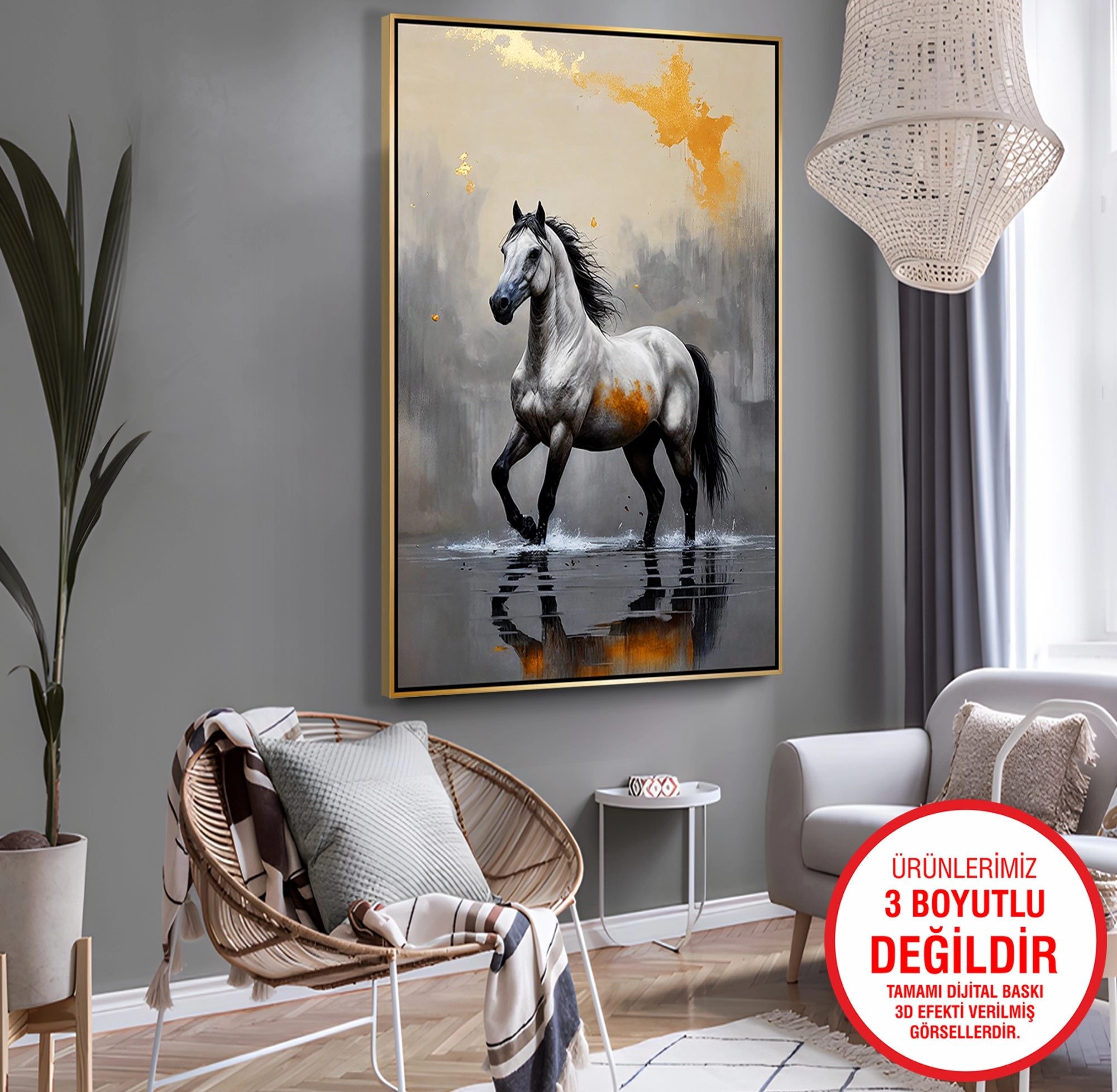 Gold%20Metal%20Çerçeveli%20Kabartma%20Görünümlü%20At%20Kanvas%20Tablo