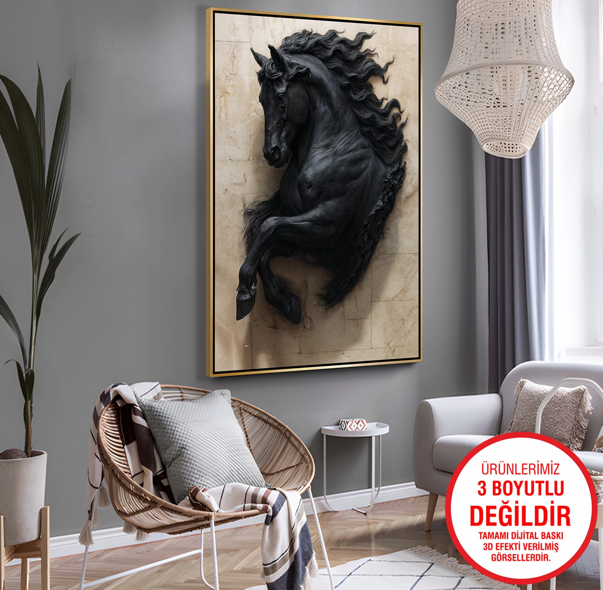 Gold%20Metal%20Çerçeveli%20Kabartma%20Görünümlü%20Siyah%20At%20Kanvas%20Tablo
