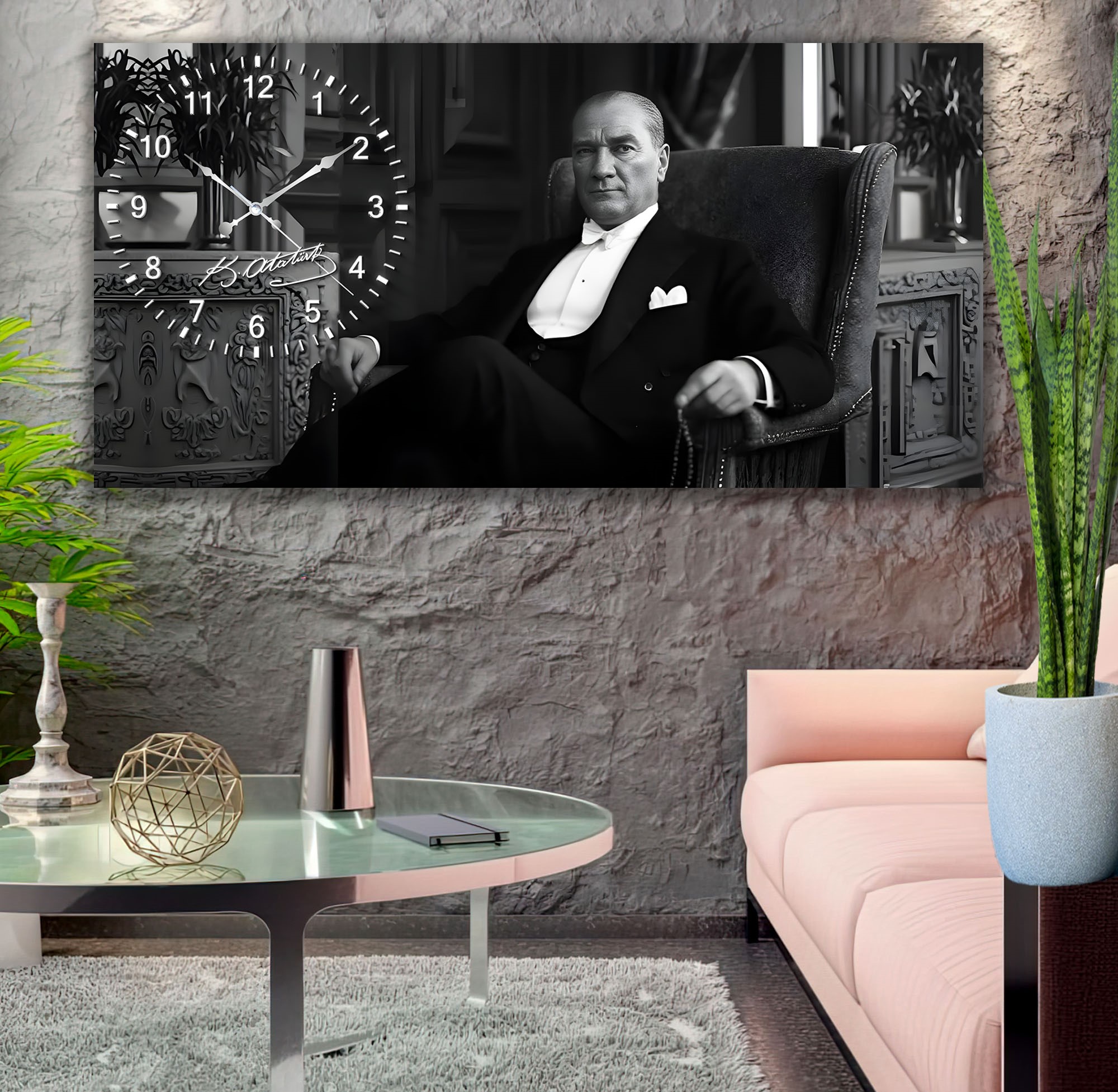 Saatli%20Atatürk%20Panoramik%20Kanvas%20Tablo