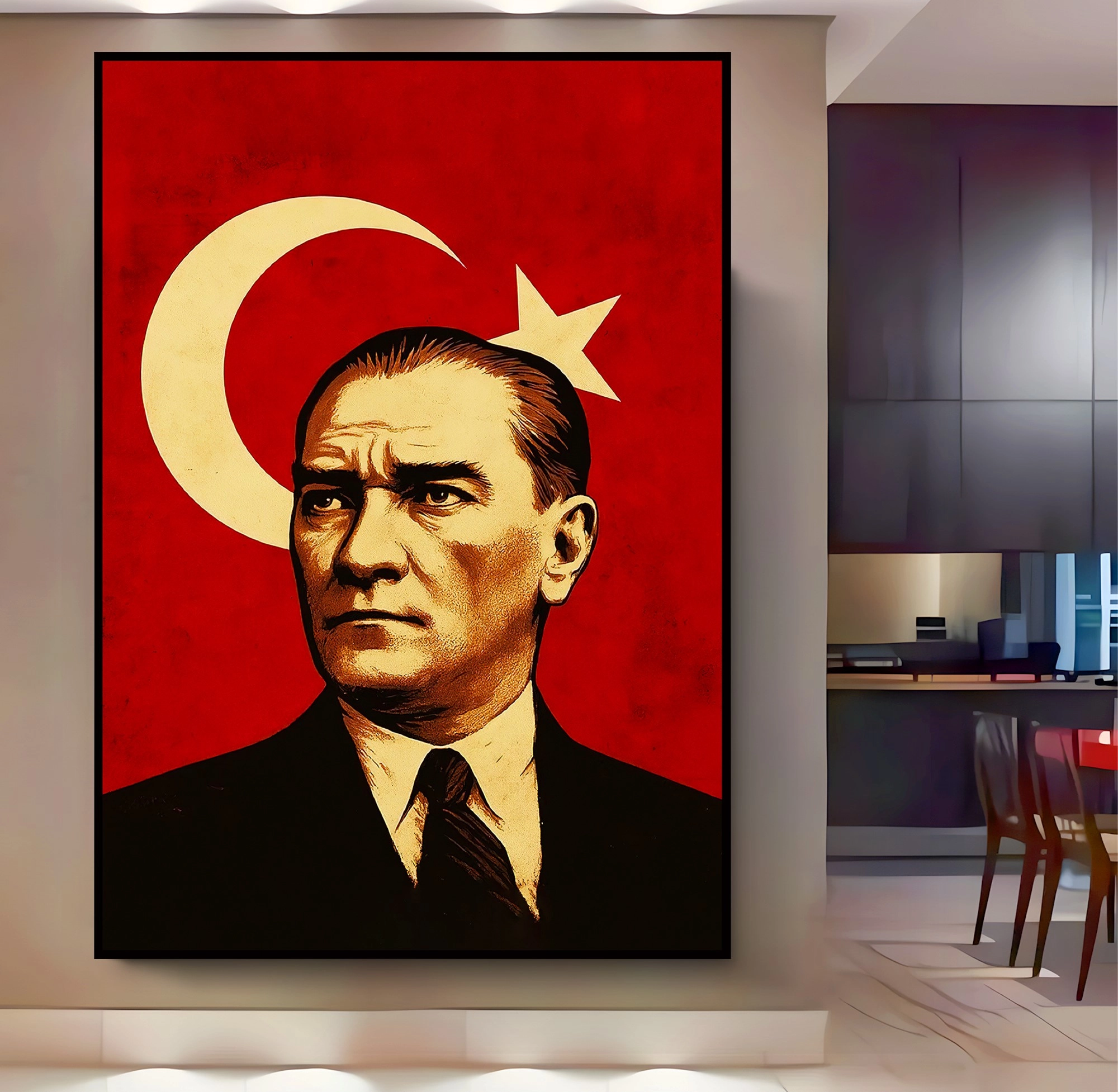 Siyah%20Metal%20Çerçeveli%20Kabartma%20Görünümlü%20Atatürk%20Kanvas%20Tablo