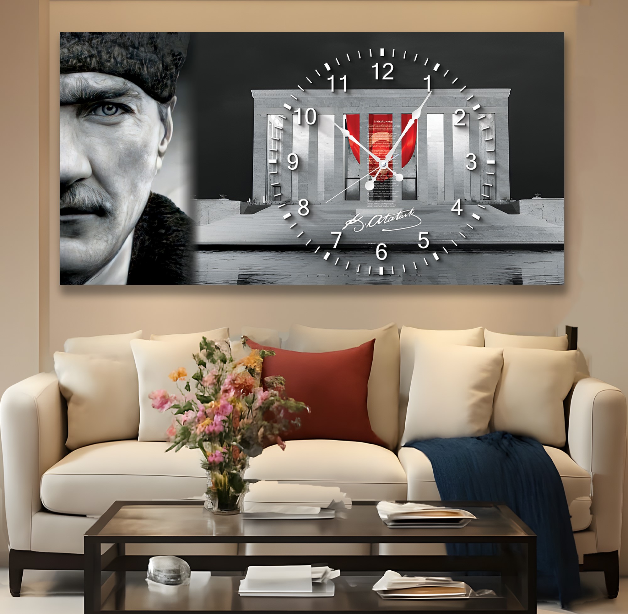 Saatli%20Atatürk%20Panoramik%20Kanvas%20Tablo