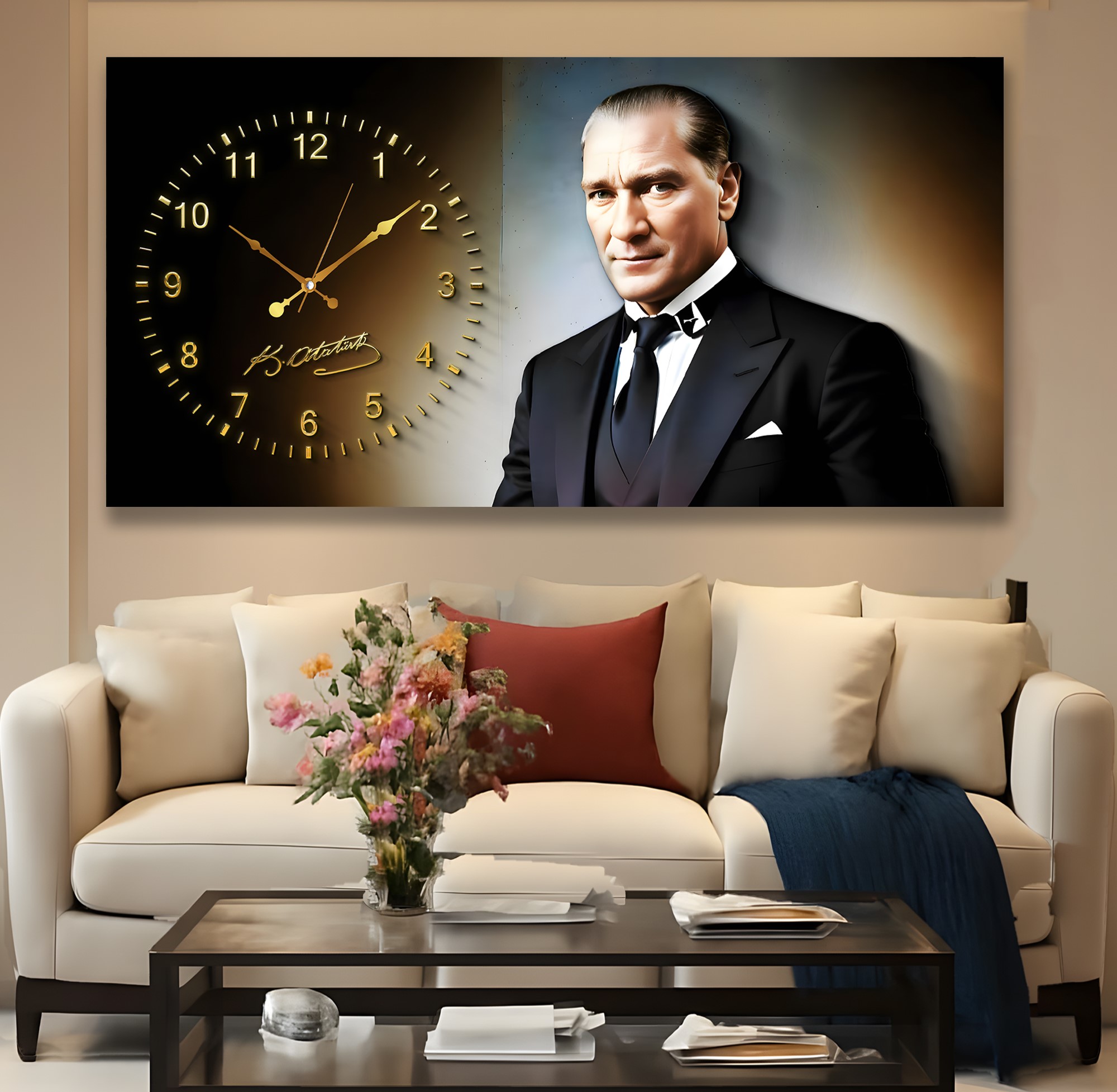 Saatli%20Atatürk%20Panoramik%20Kanvas%20Tablo