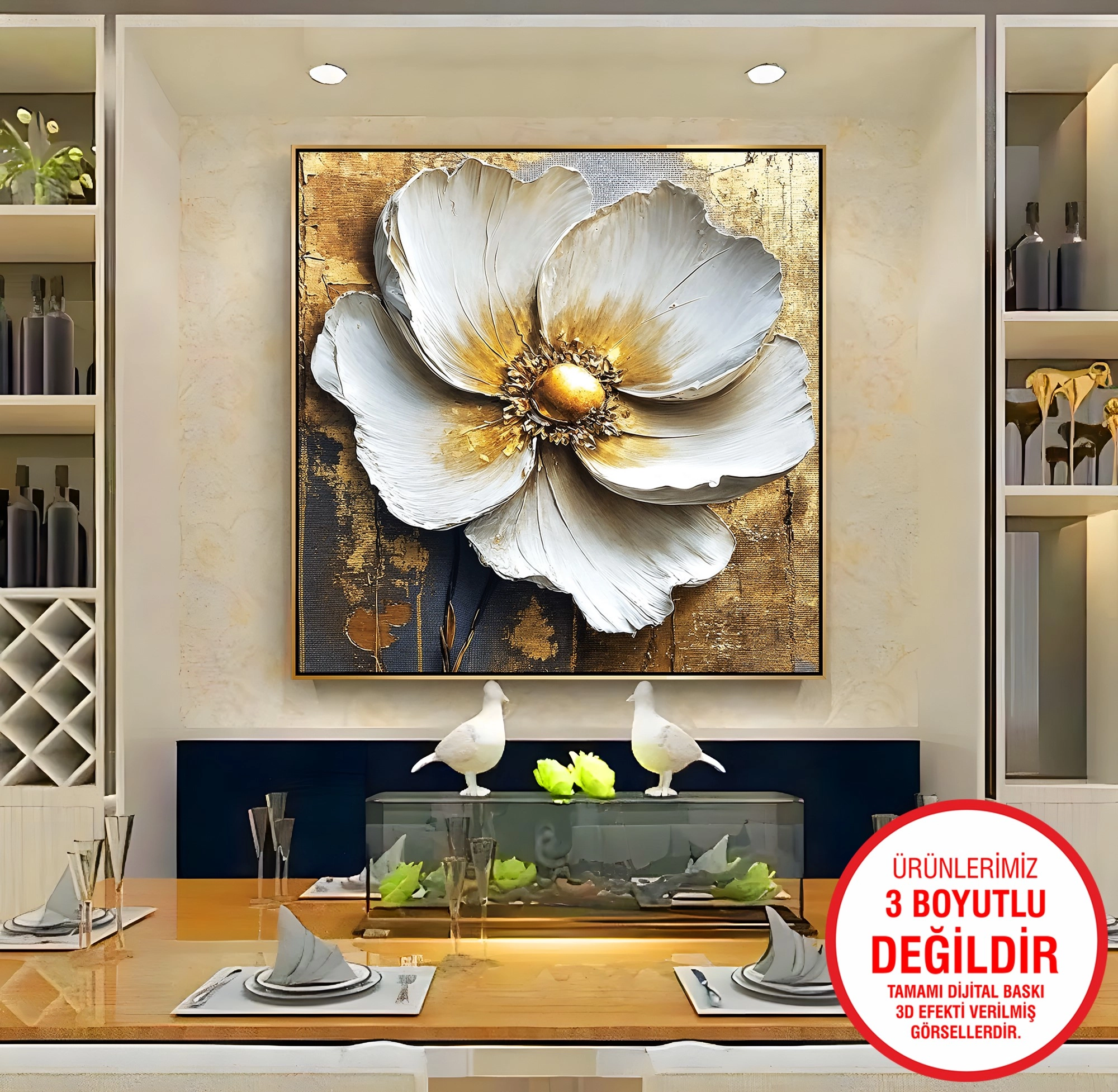 Gold%20Metal%20Çerçeveli%20Kabartma%20Görünümlü%20Beyaz%20Çiçek%20Kanvas%20Tablo