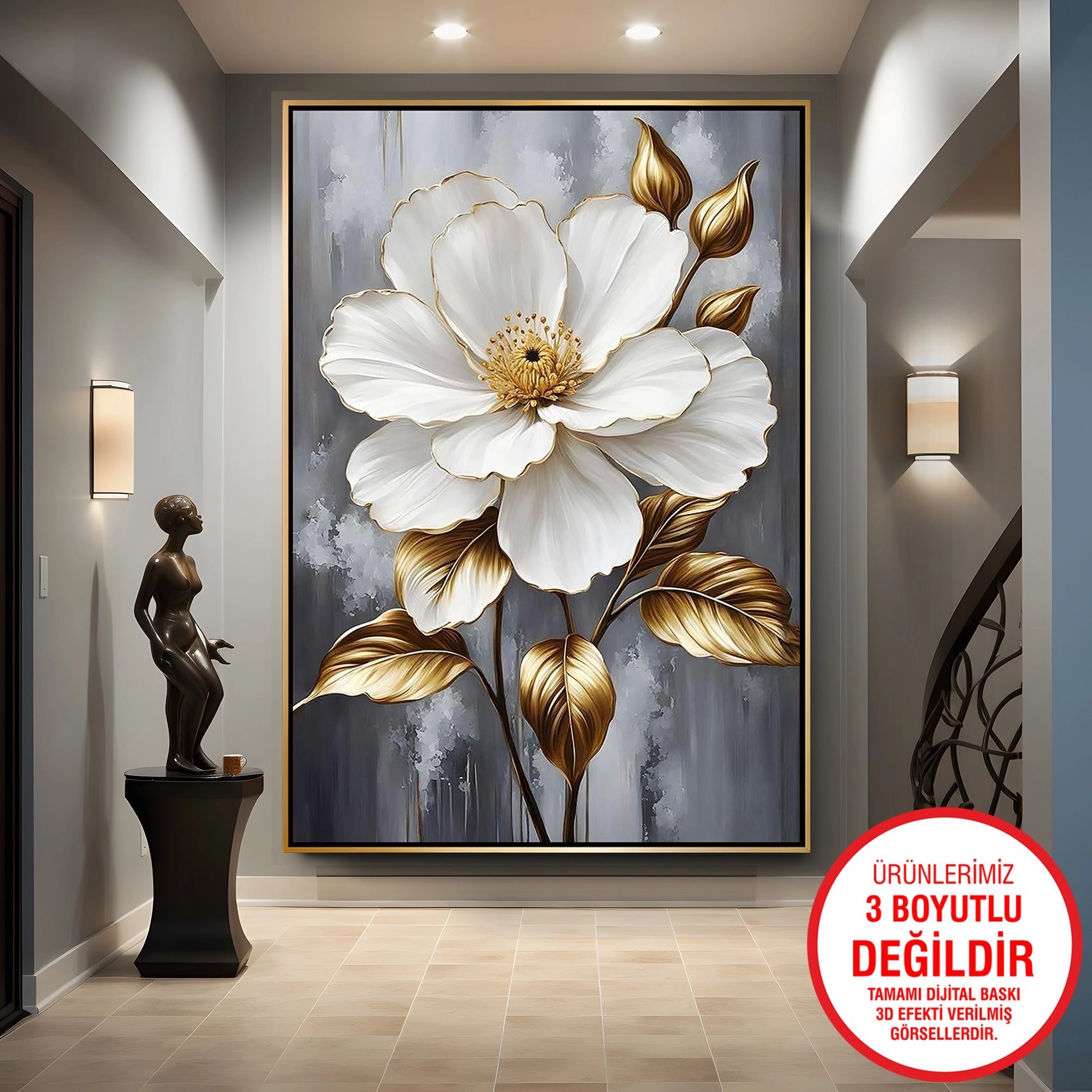 Gold%20Metal%20Çerçeveli%20Kabartma%20Görünümlü%20Çiçekler%20Kanvas%20Tablo