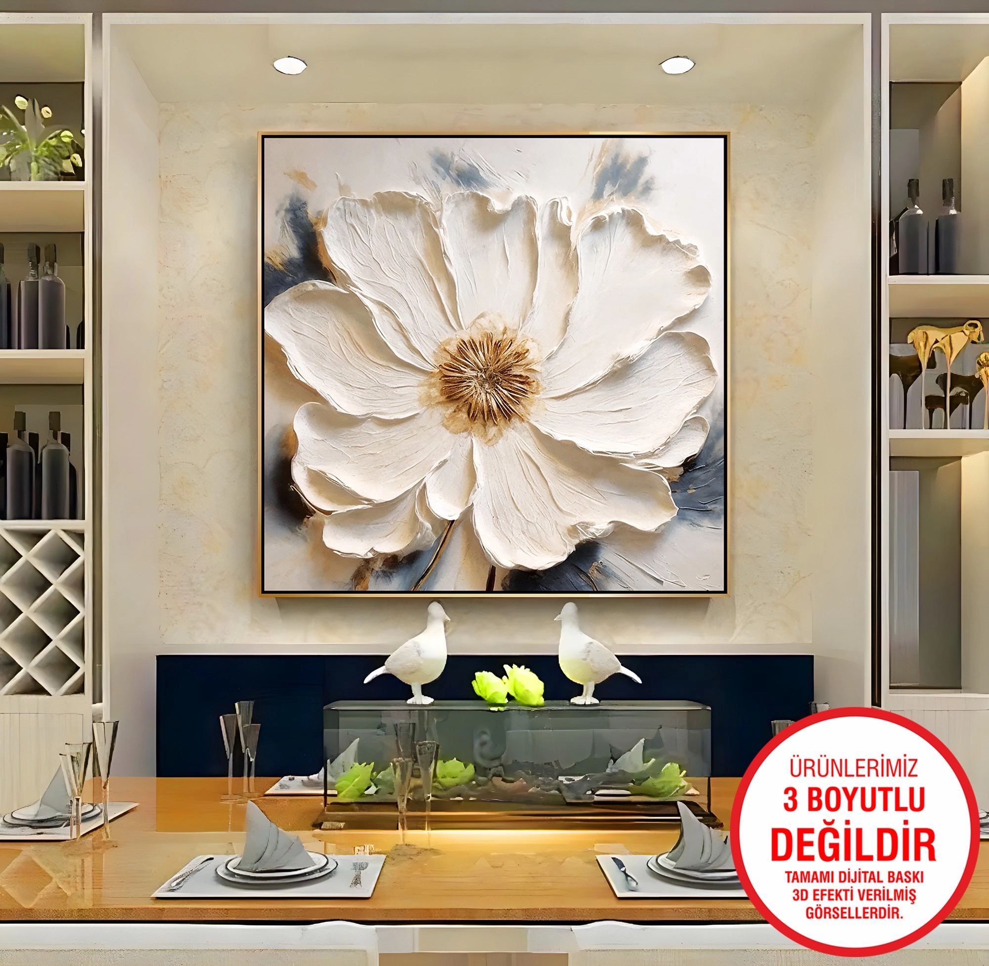 Gold%20Metal%20Çerçeveli%20Kabartma%20Görünümlü%20Beyaz%20Çiçek%20Kanvas%20Tablo