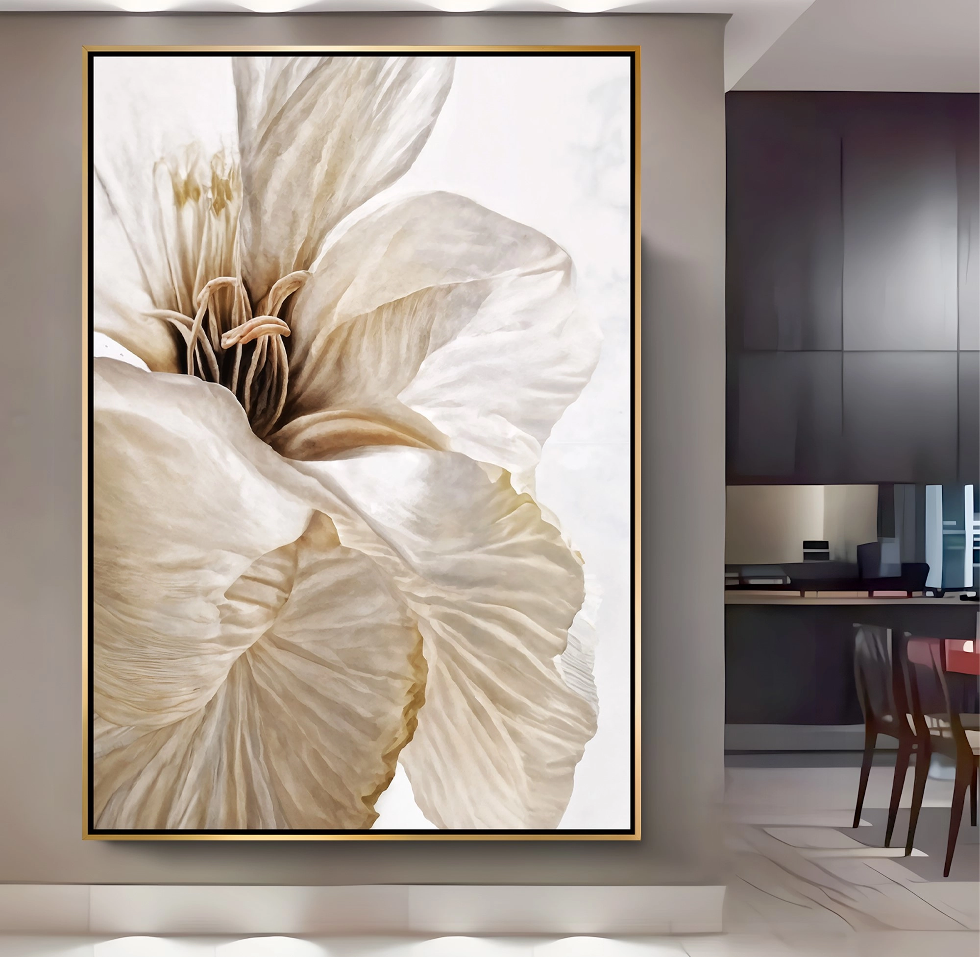 Gold%20Metal%20Çerçeveli%20Kabartma%20Görünümlü%20Dekoratif%20Çiçek%20Kanvas%20Tablo