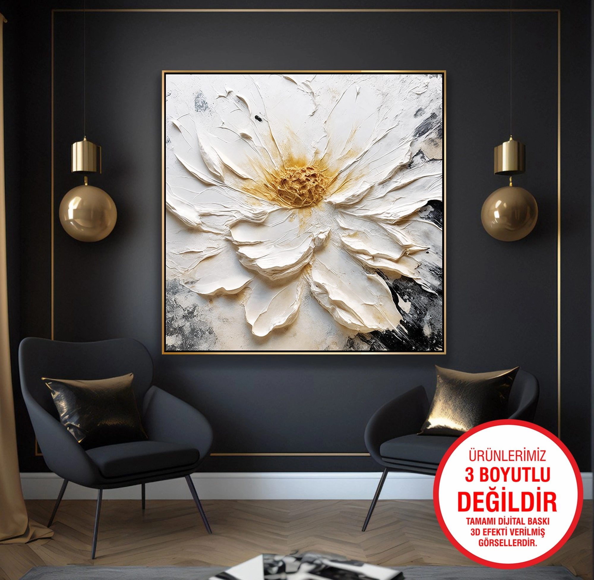 Gold%20Metal%20Çerçeveli%20Kabartma%20Görünümlü%20Beyaz%20Çiçek%20Kanvas%20Tablo
