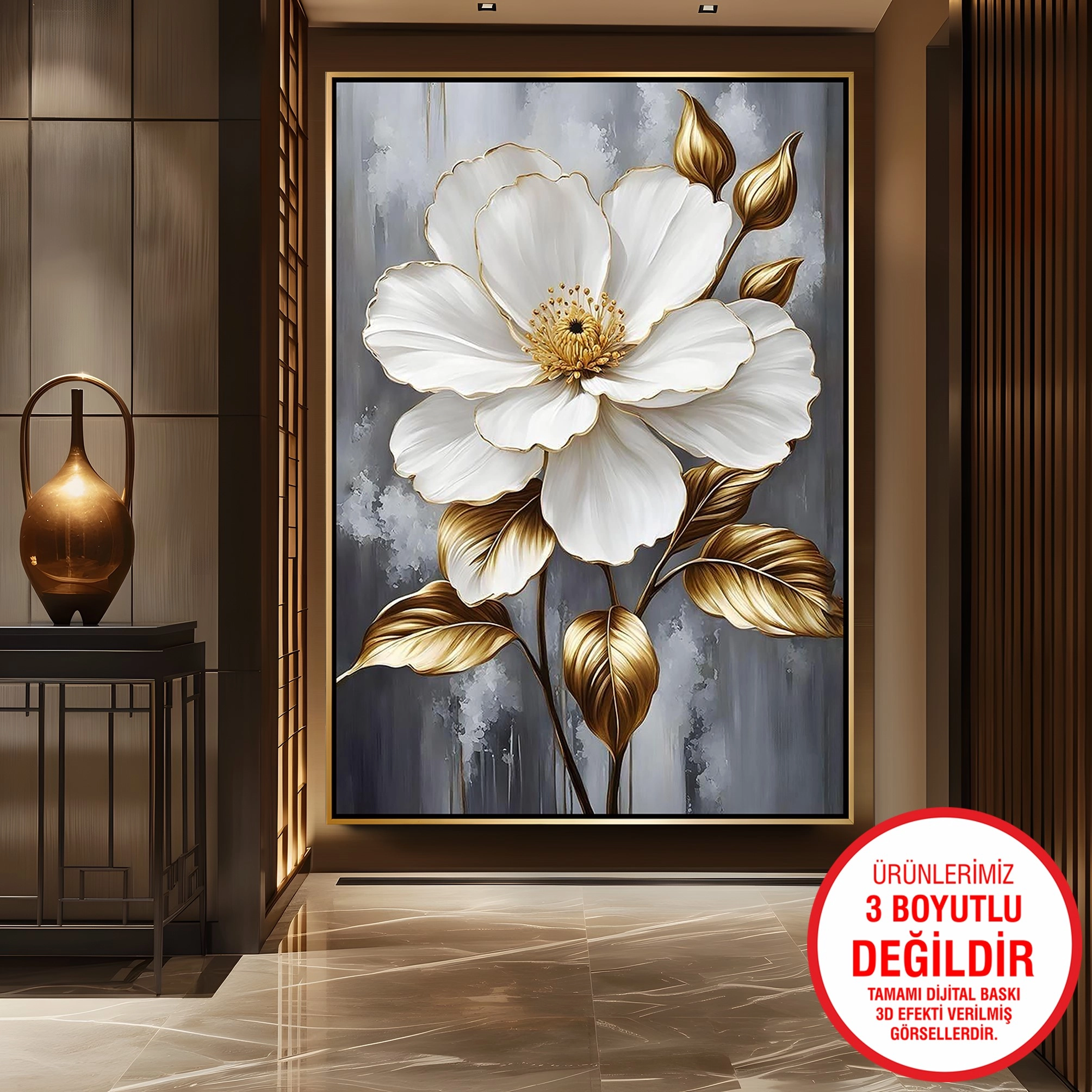 Gold%20Metal%20Çerçeveli%20Kabartma%20Görünümlü%20Çiçekler%20Kanvas%20Tablo