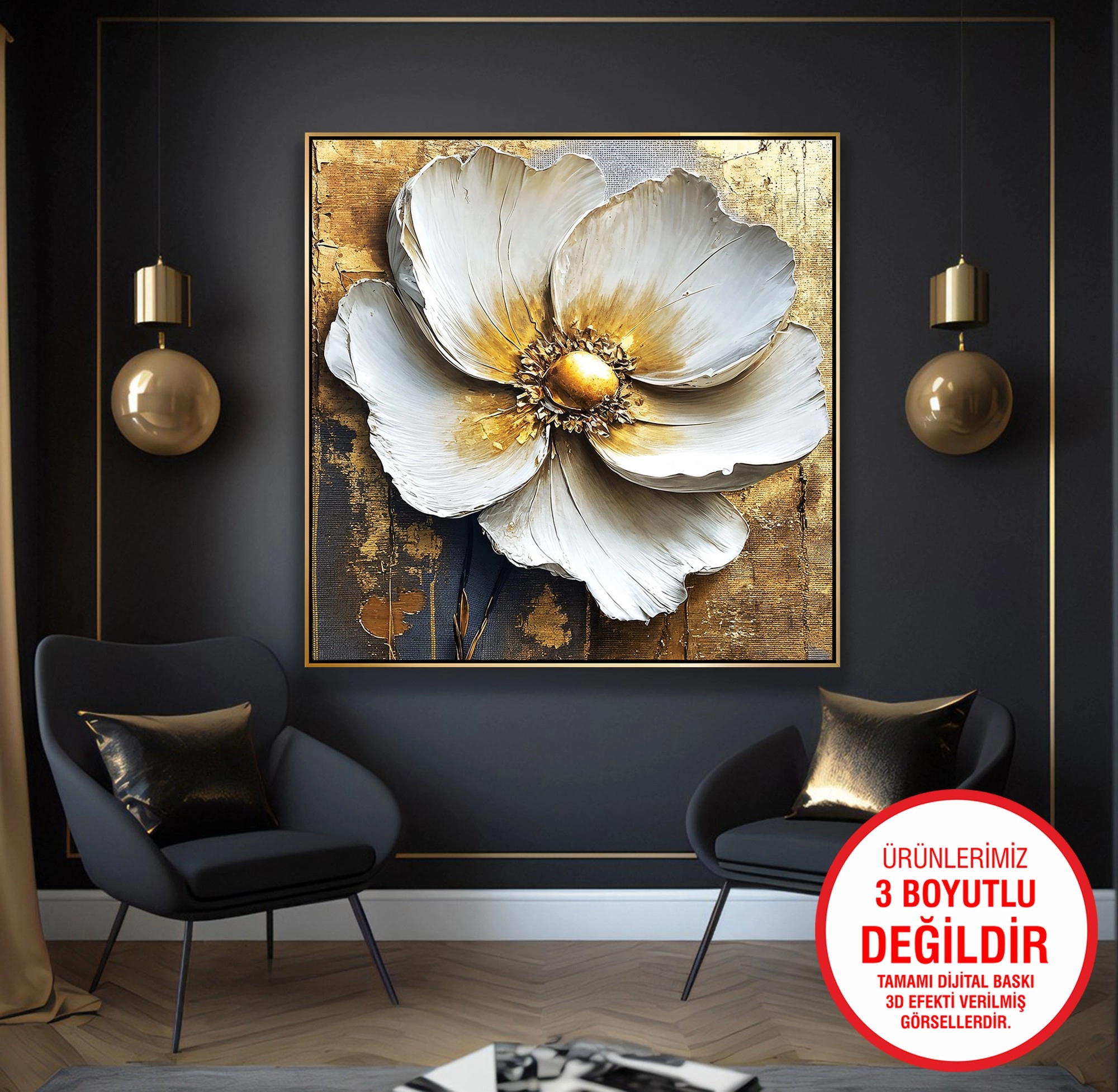 Gold%20Metal%20Çerçeveli%20Kabartma%20Görünümlü%20Beyaz%20Çiçek%20Kanvas%20Tablo