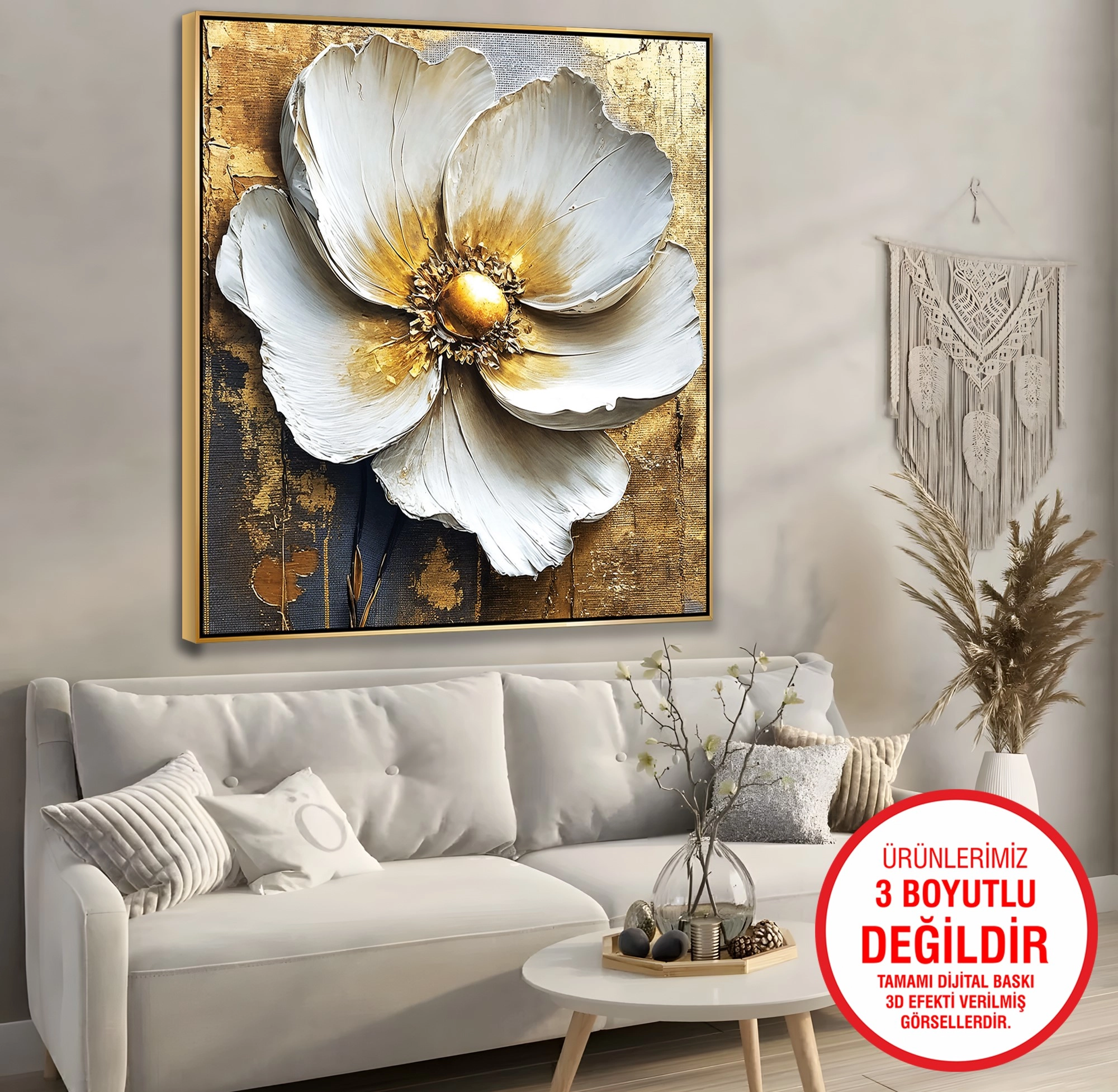 Gold%20Metal%20Çerçeveli%20Kabartma%20Görünümlü%20Beyaz%20Çiçek%20Kanvas%20Tablo
