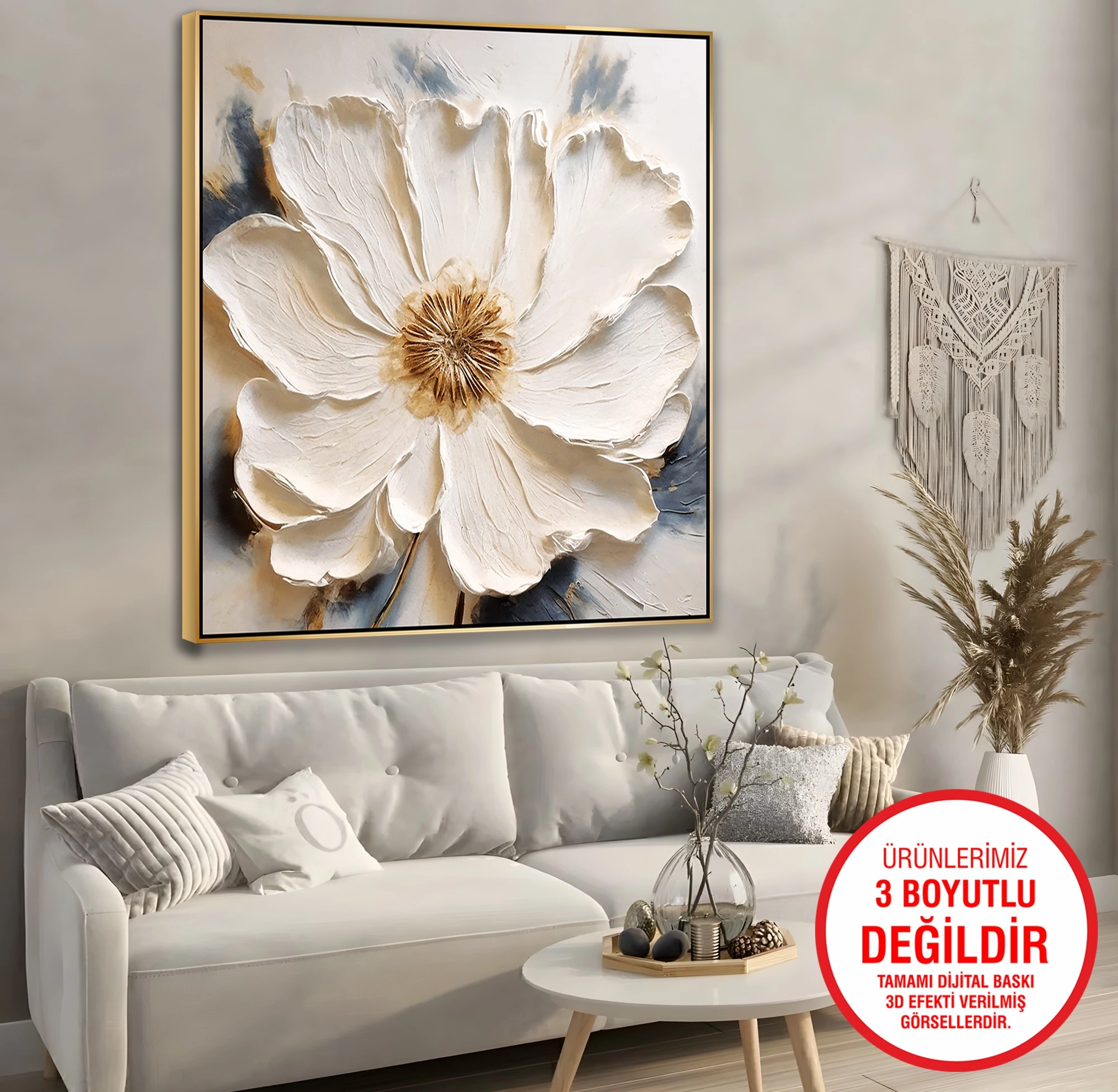 Gold%20Metal%20Çerçeveli%20Kabartma%20Görünümlü%20Beyaz%20Çiçek%20Kanvas%20Tablo