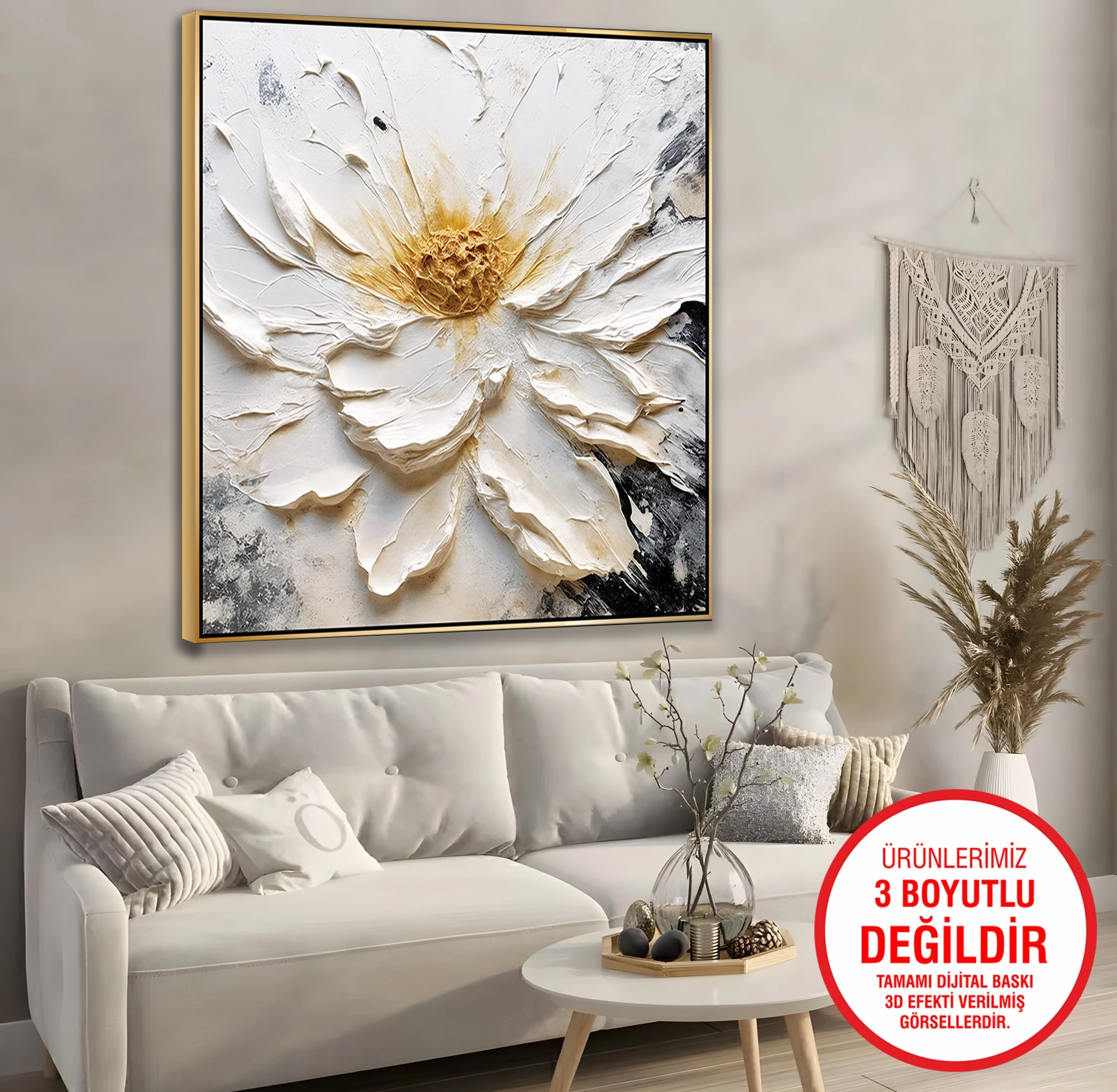Gold%20Metal%20Çerçeveli%20Kabartma%20Görünümlü%20Beyaz%20Çiçek%20Kanvas%20Tablo