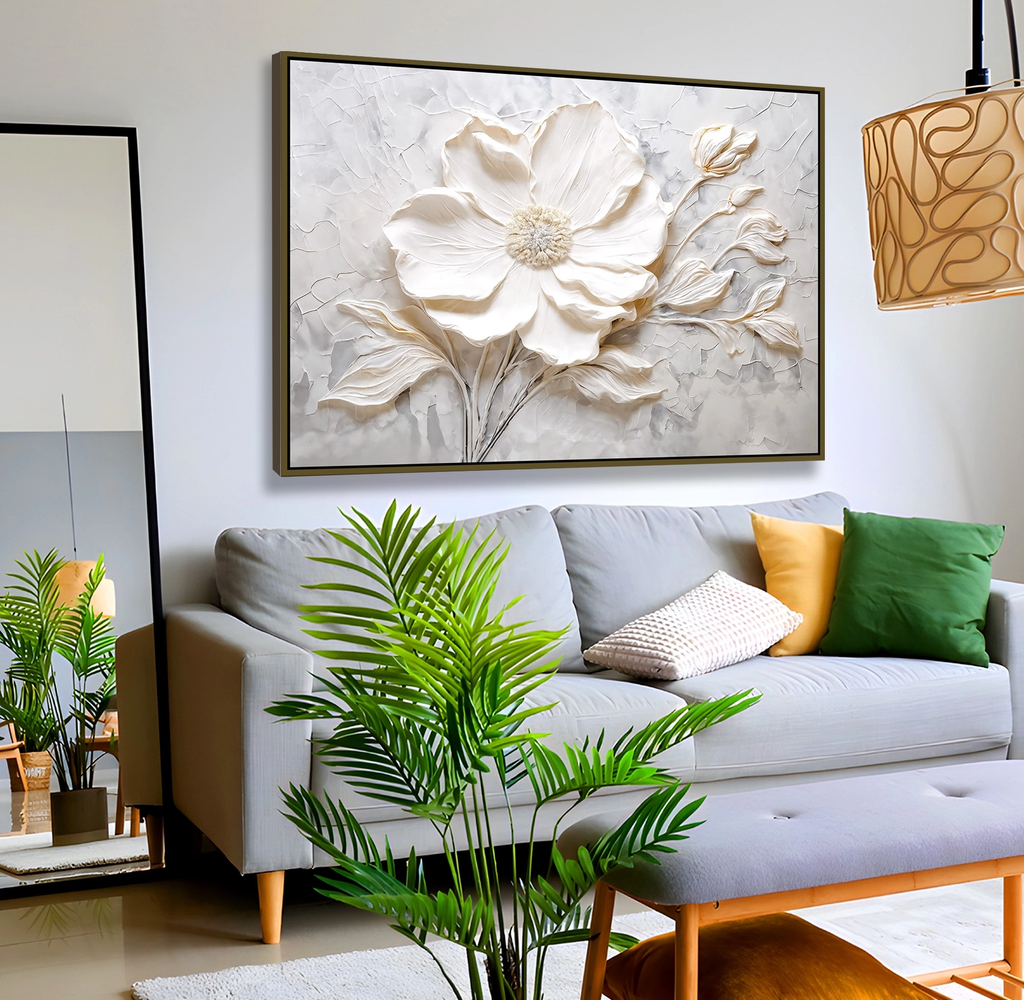 Bronz%20Metal%20Çerçeveli%20Beyaz%20Çiçek%20Kanvas%20Tablo