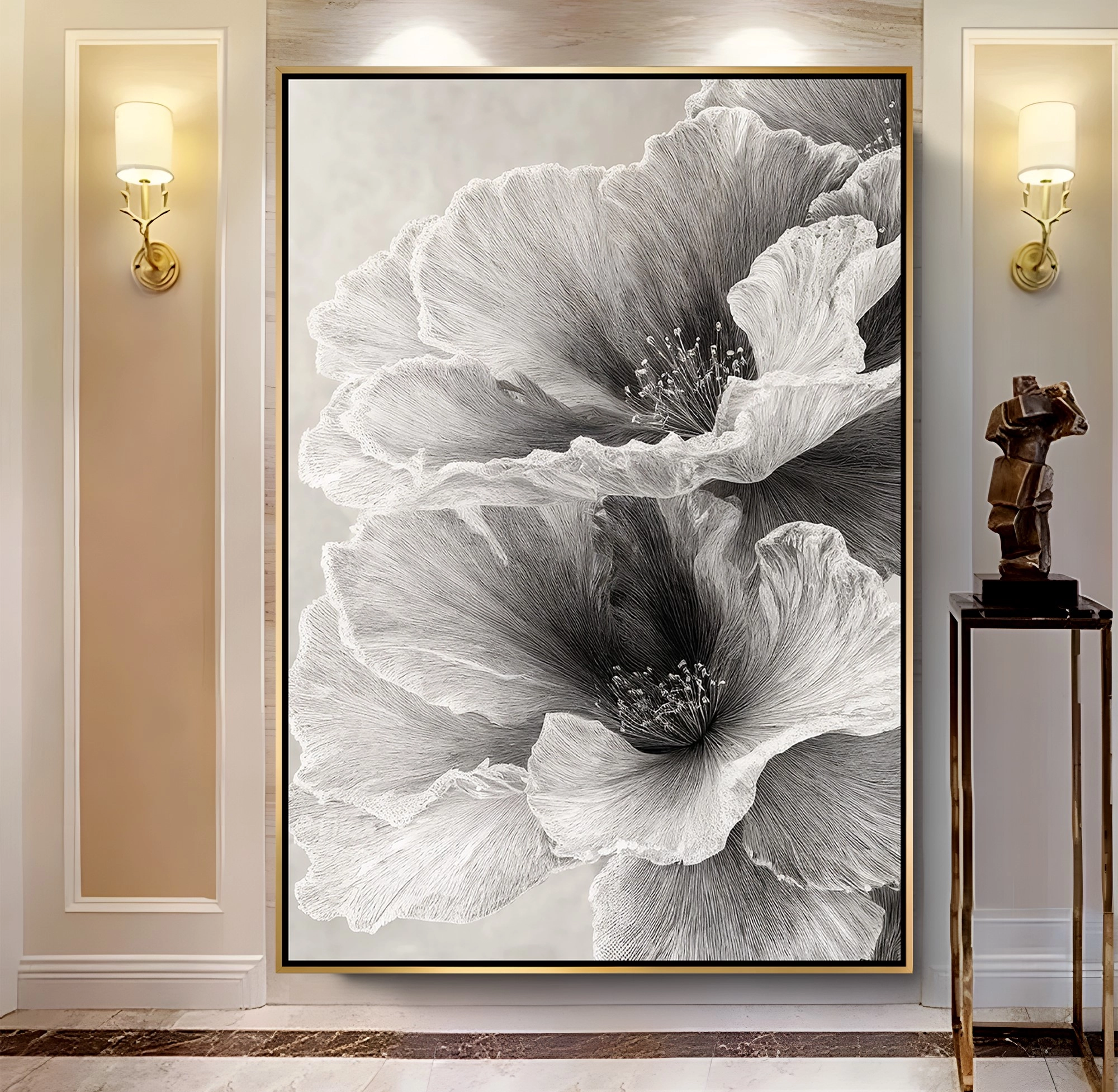 Gold%20Metal%20Çerçeveli%20Kabartma%20Görünümlü%20Dekoratif%20Çiçek%20Kanvas%20Tablo