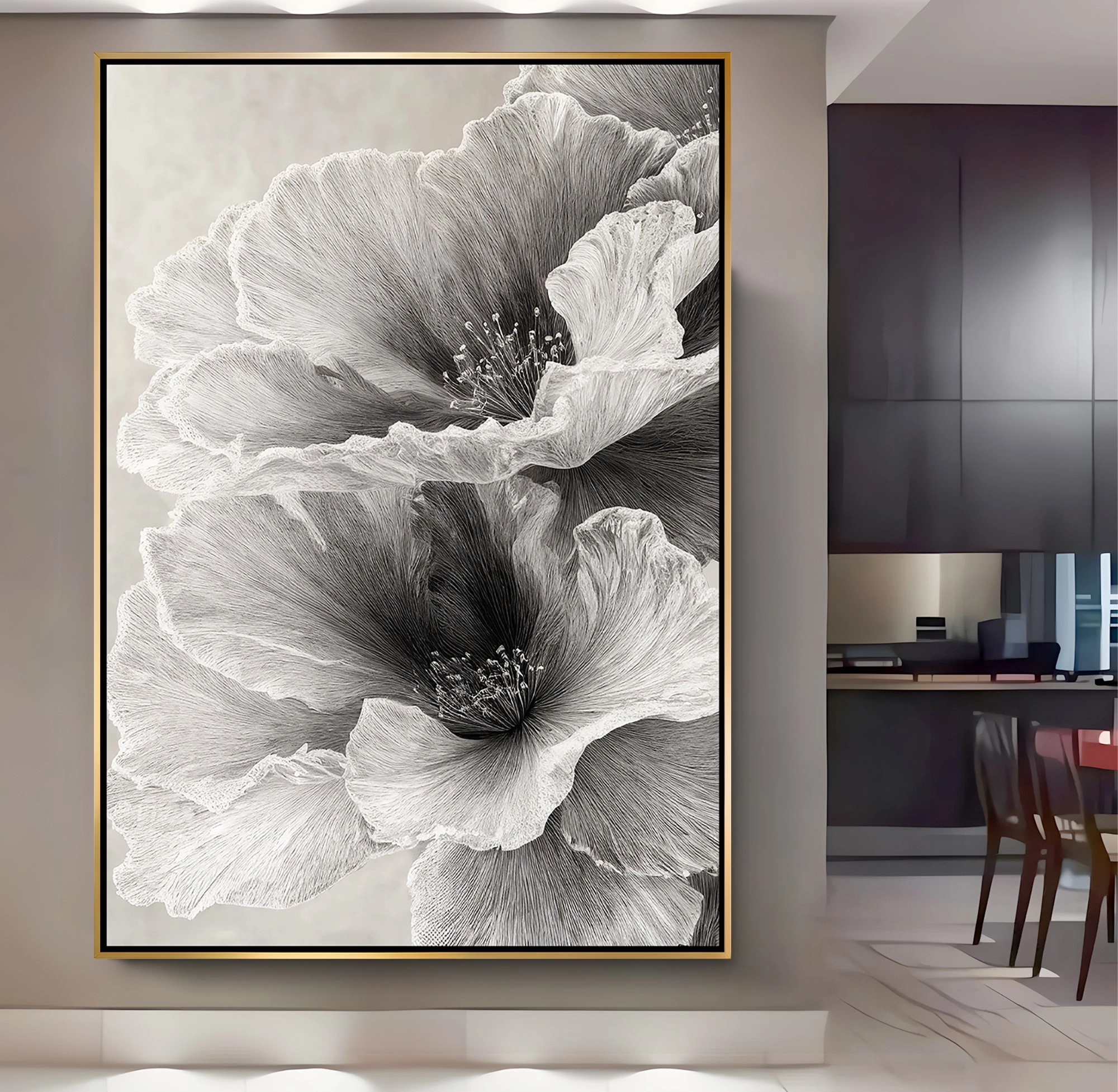 Gold%20Metal%20Çerçeveli%20Kabartma%20Görünümlü%20Dekoratif%20Çiçek%20Kanvas%20Tablo